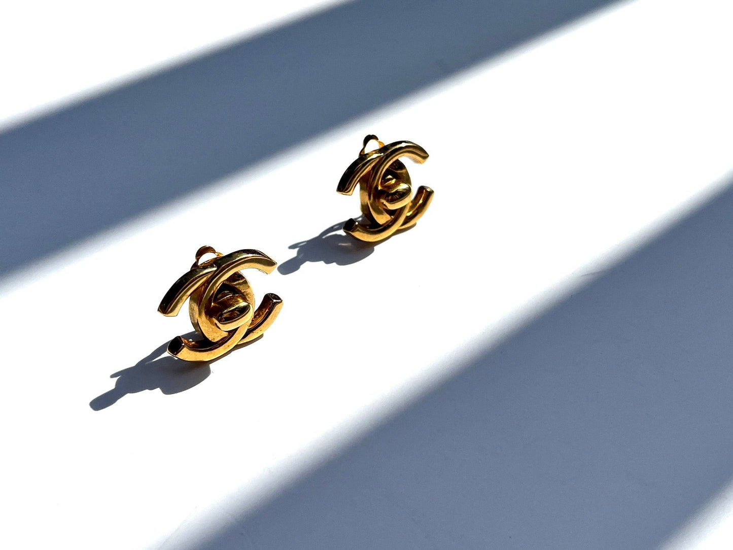 Chanel Gold Plated 1996 Turnlock CC Stud Clip on Earrings Jewelry