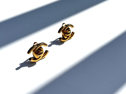Chanel Gold Plated 1996 Turnlock CC Stud Clip on Earrings Jewelry