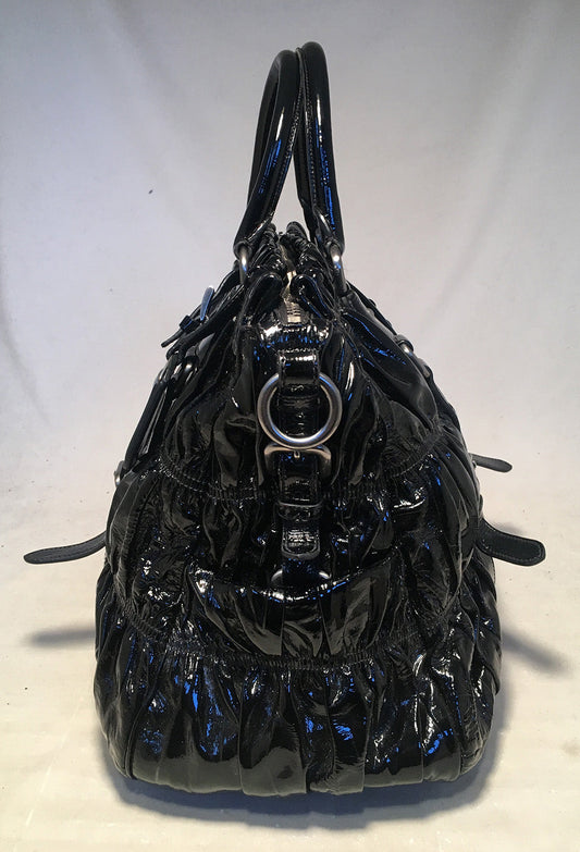 Prada Gaufre Ruched Shoulder Bag Tote Leather Patent Black