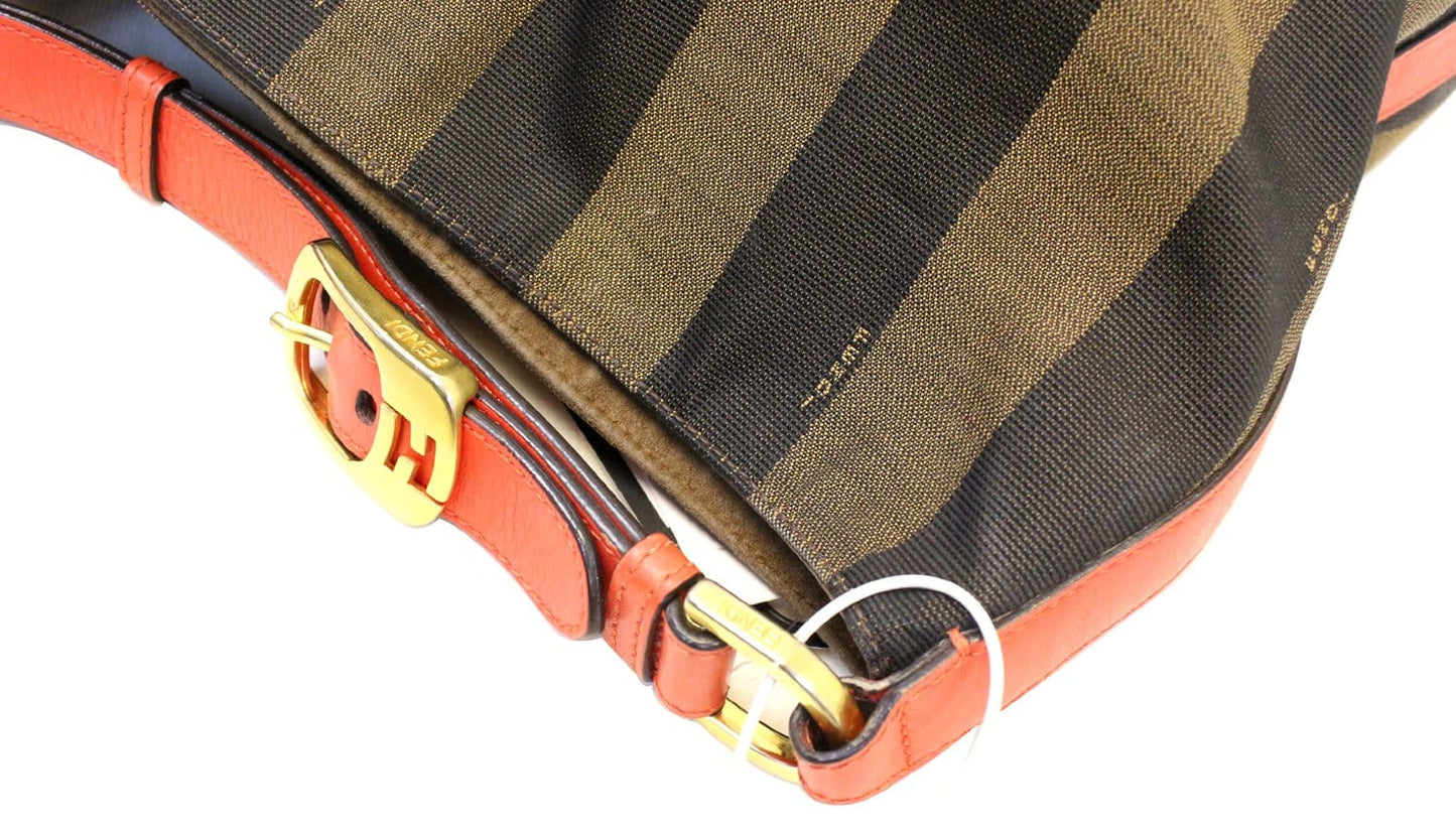 Fendi Tobacco And Pequin Stripe Hobo Bag Leather Canvas Red