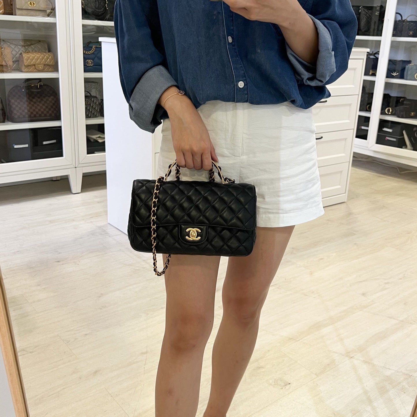 Chanel Small Flap with Top Handle in Black Lambskin and AGHW (Model: ) Bag