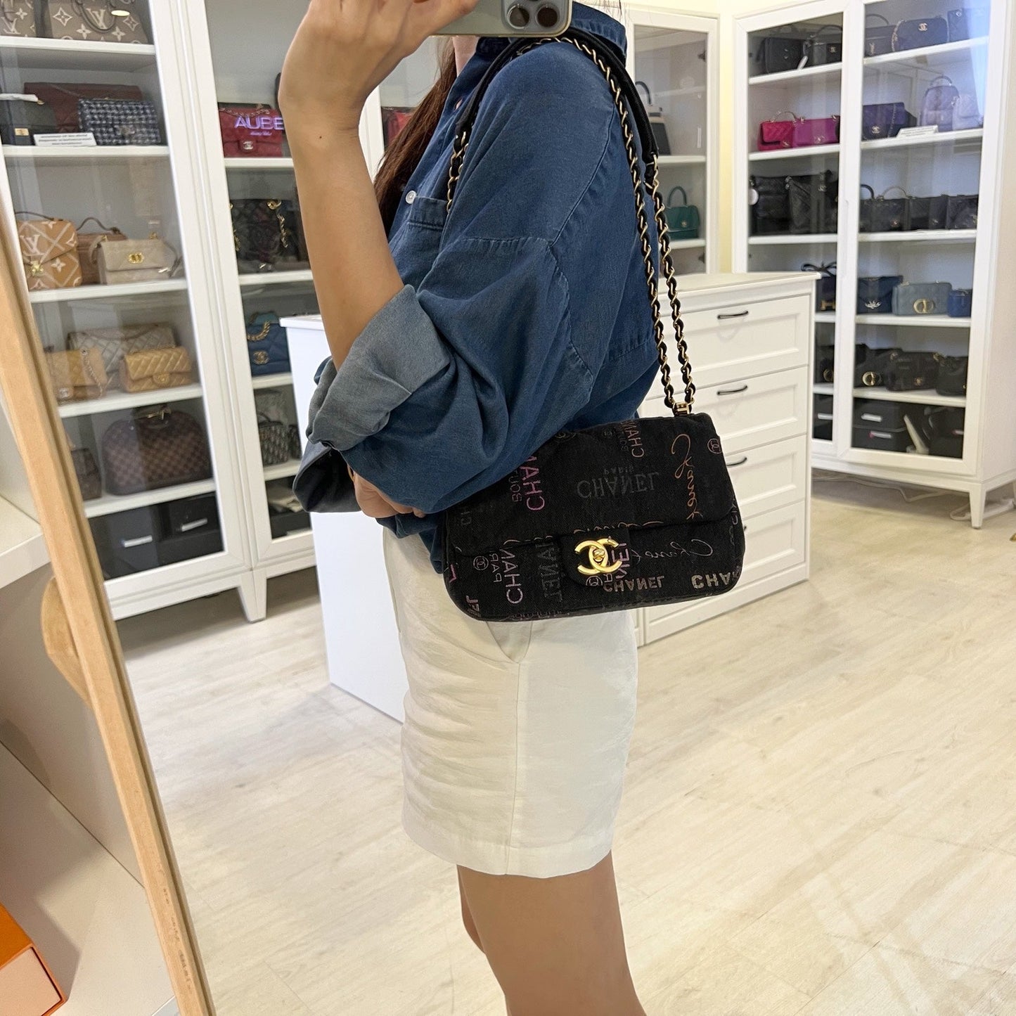 Denim Mood Small Flap Bag in Black Printed Denim and AGHW Signature