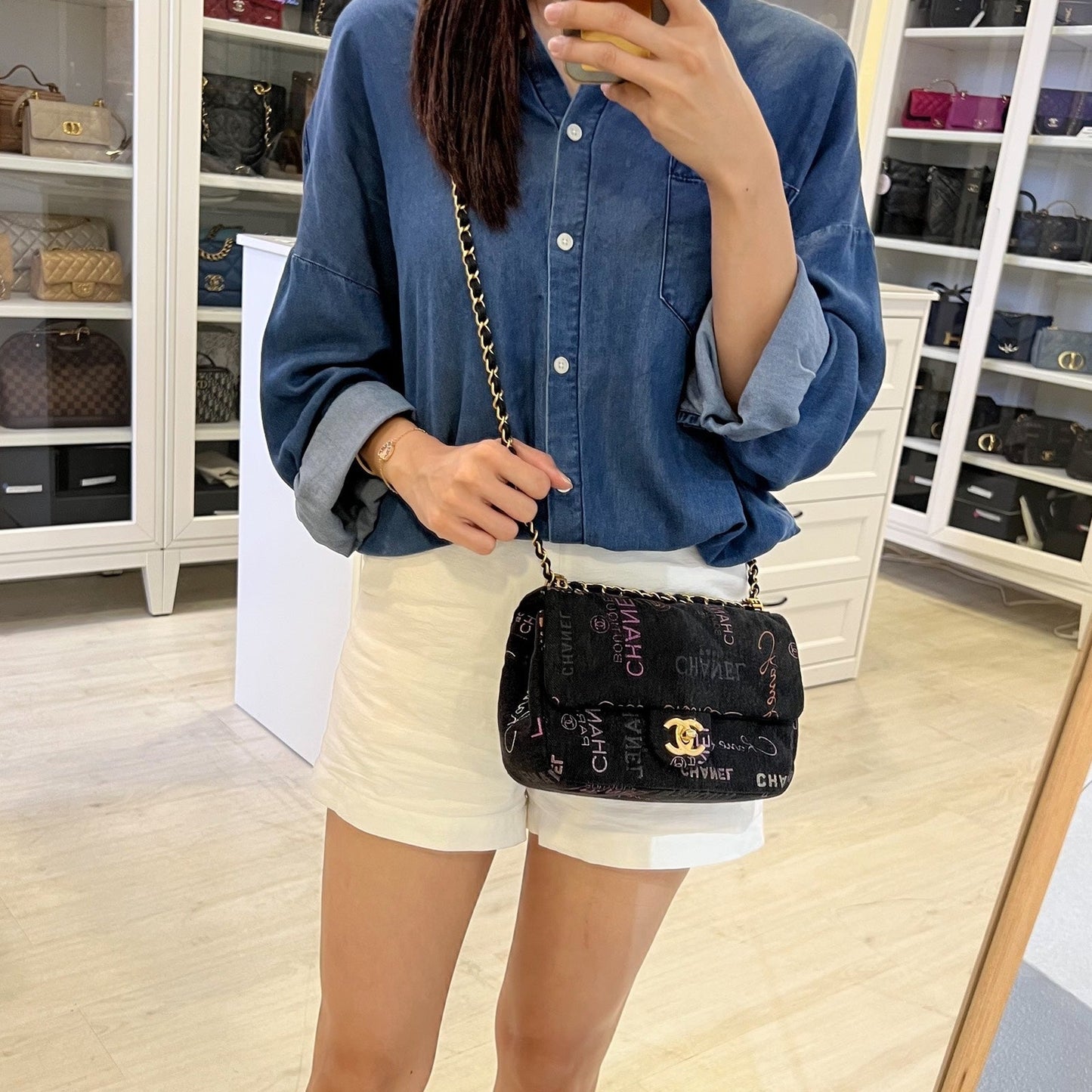 Denim Mood Small Flap Bag in Black Printed Denim and AGHW Signature