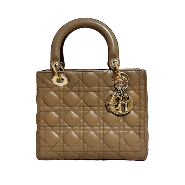 Dior Lady Cannage Lambskin Handbag Leather Beige Travel Bag