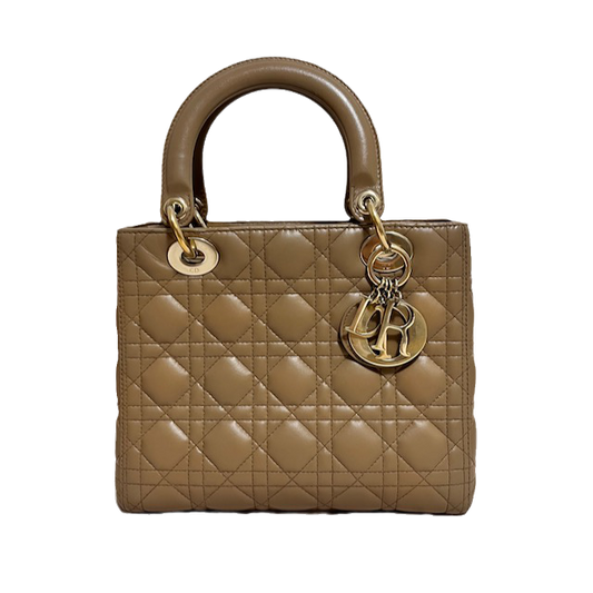 Dior Lady Cannage Lambskin Handbag Leather Beige Travel Bag