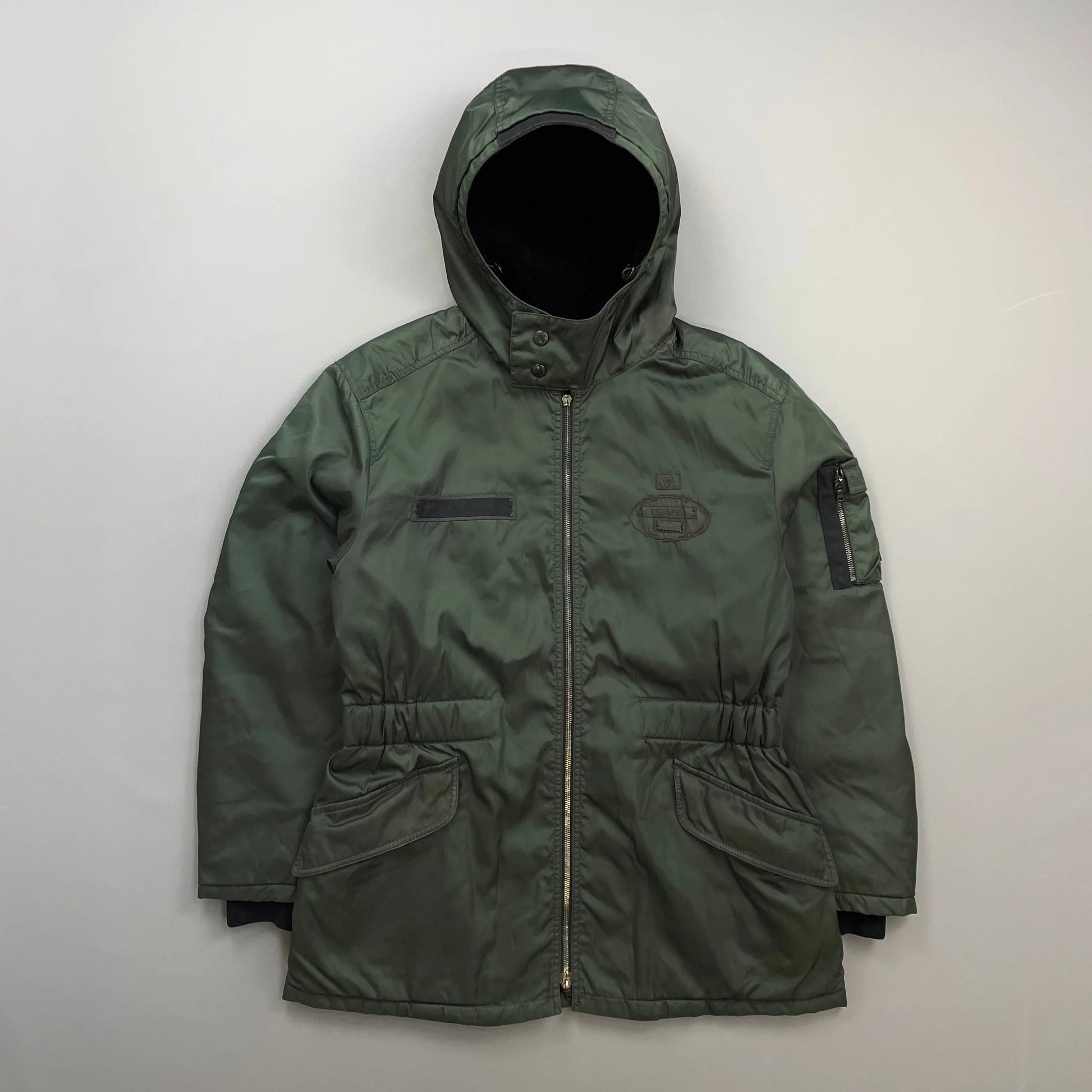 Prada Handbag Milano Sheep Fur Ski-Style Utility Hooded Jacket Nylon Green