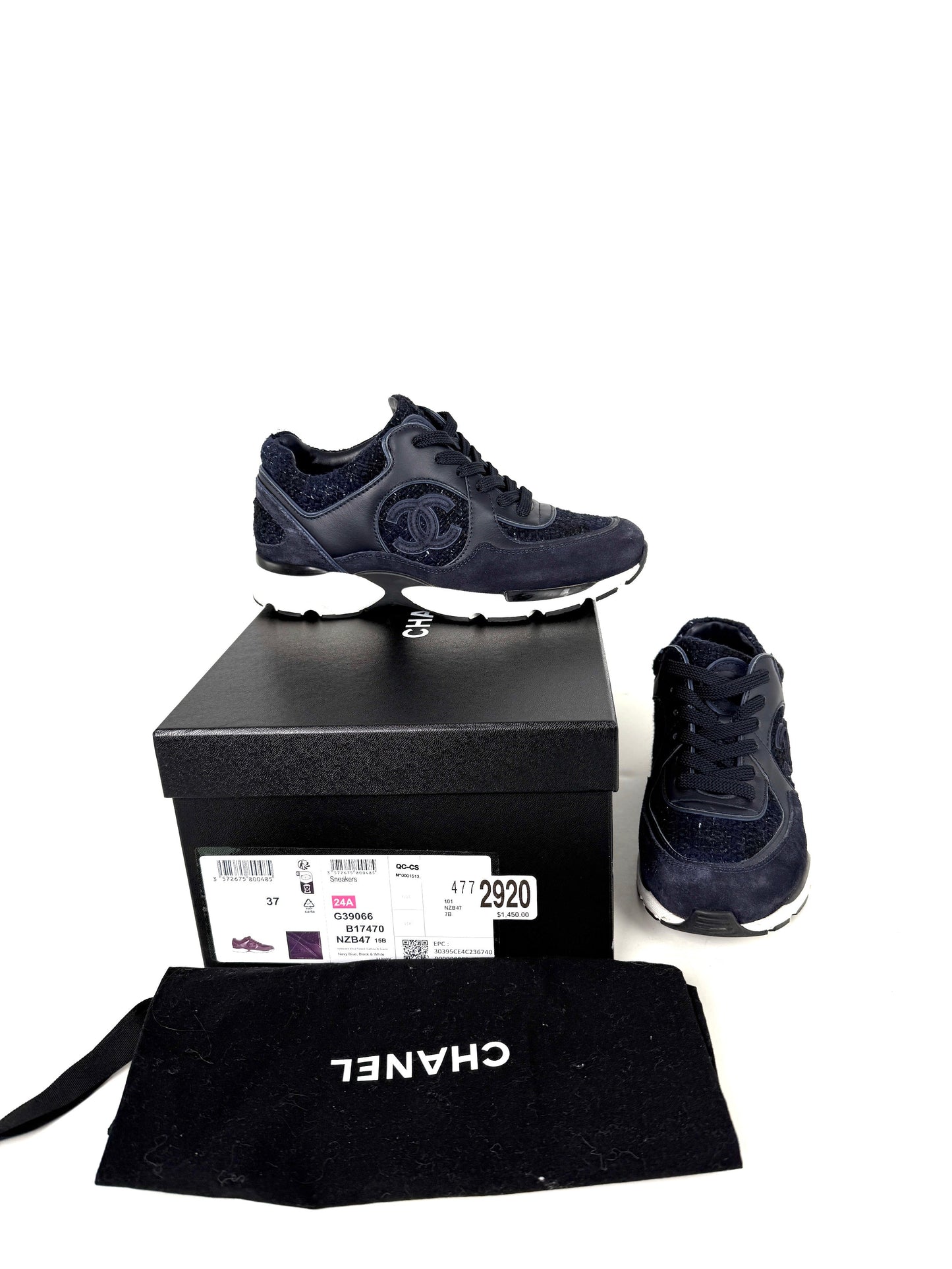 Chanel Navy Blue Black Tweed Sneakers 37, 6