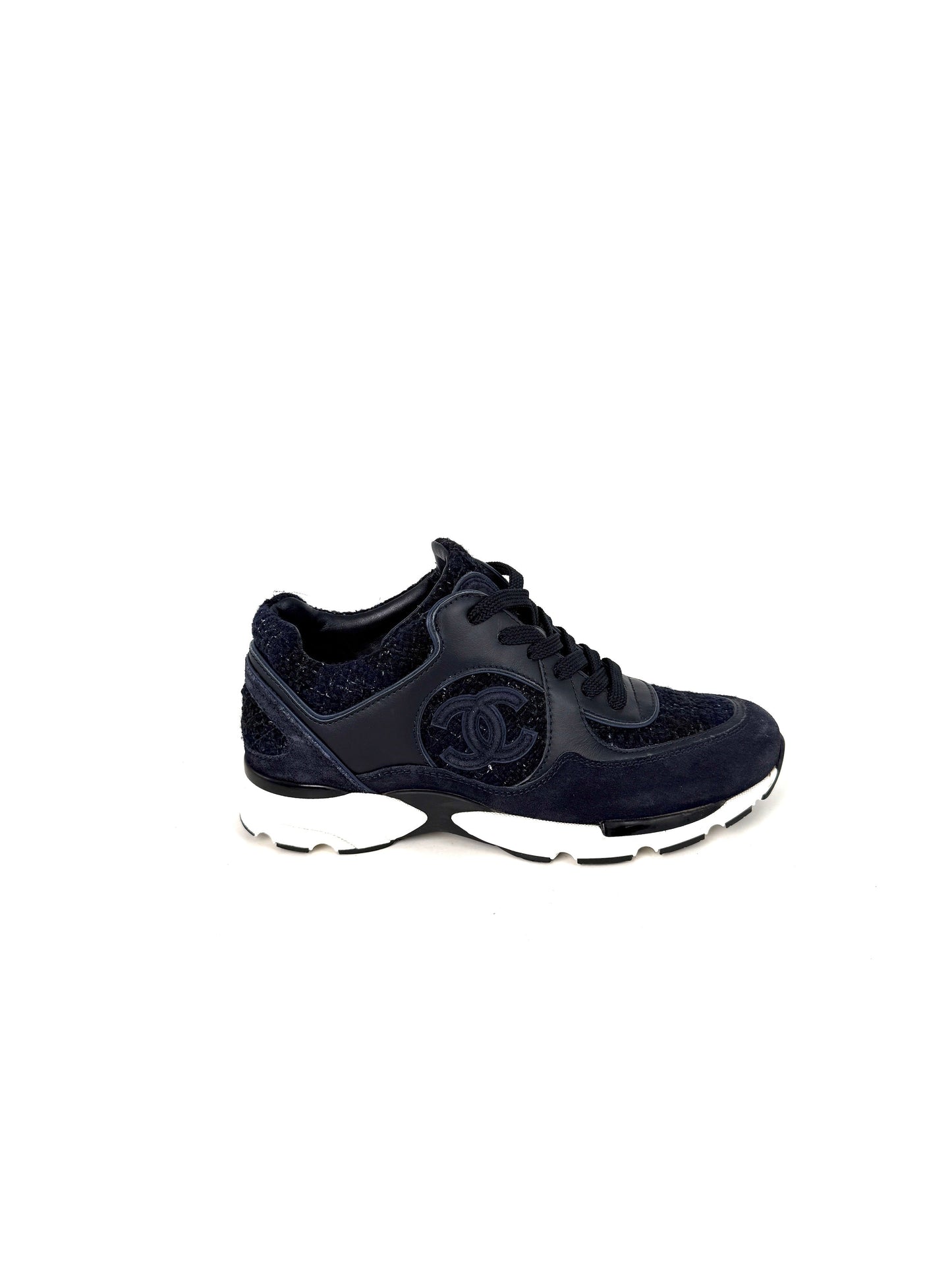 Chanel Navy Blue Black Tweed Sneakers 37, 6