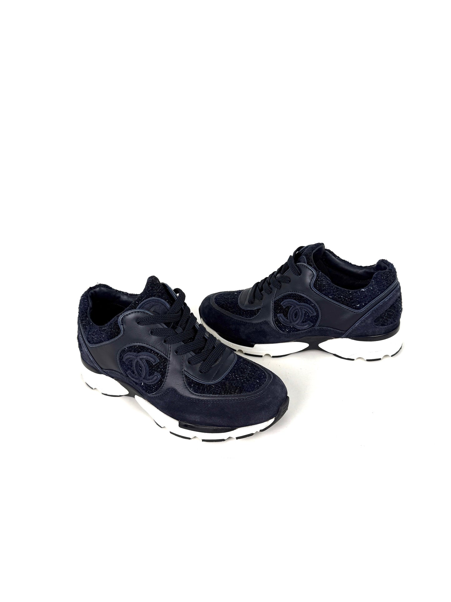 Chanel Navy Blue Black Tweed Sneakers 37, 6