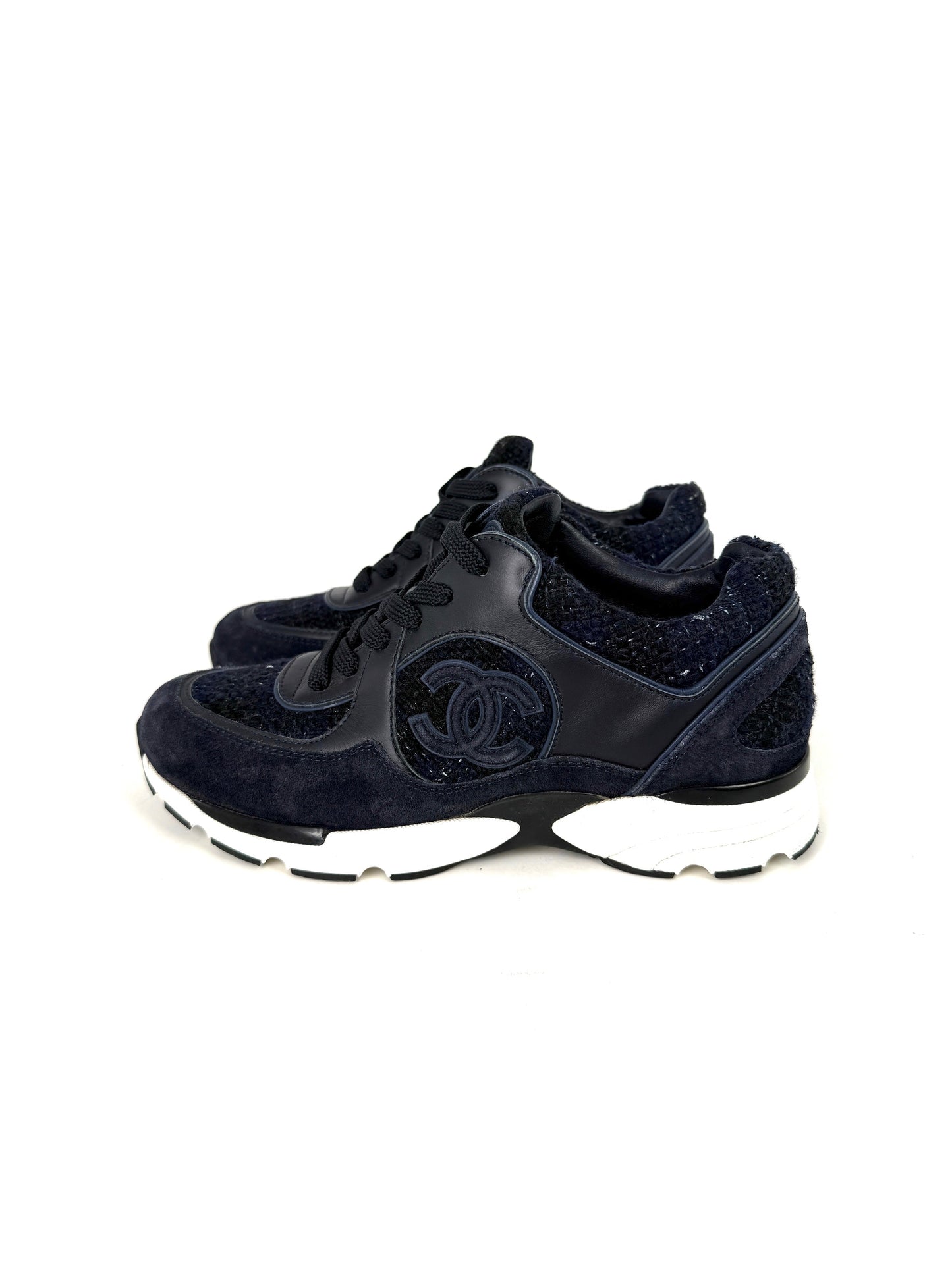 Chanel Navy Blue Black Tweed Sneakers 37, 6