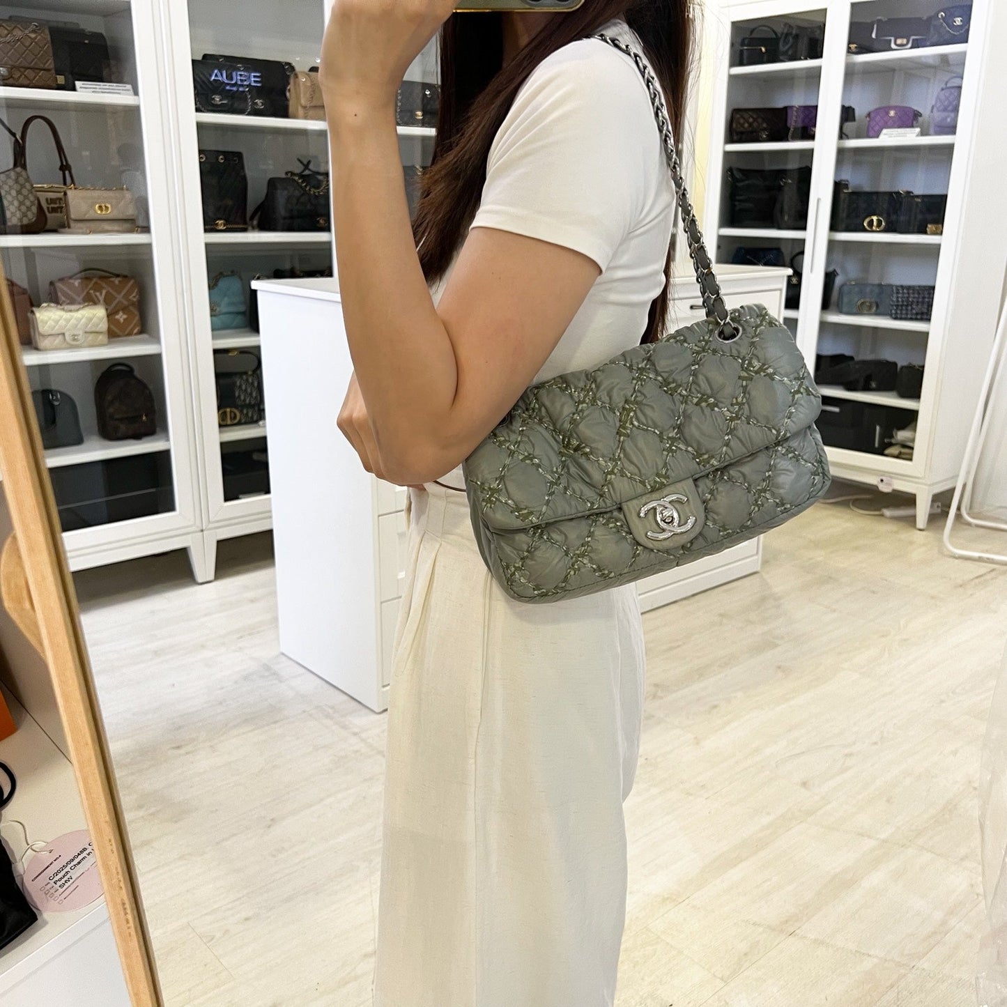 Chanel Tweed On Stitch Bubble Accordion Flap in Greenish Grey Nylon and SHW Accessory