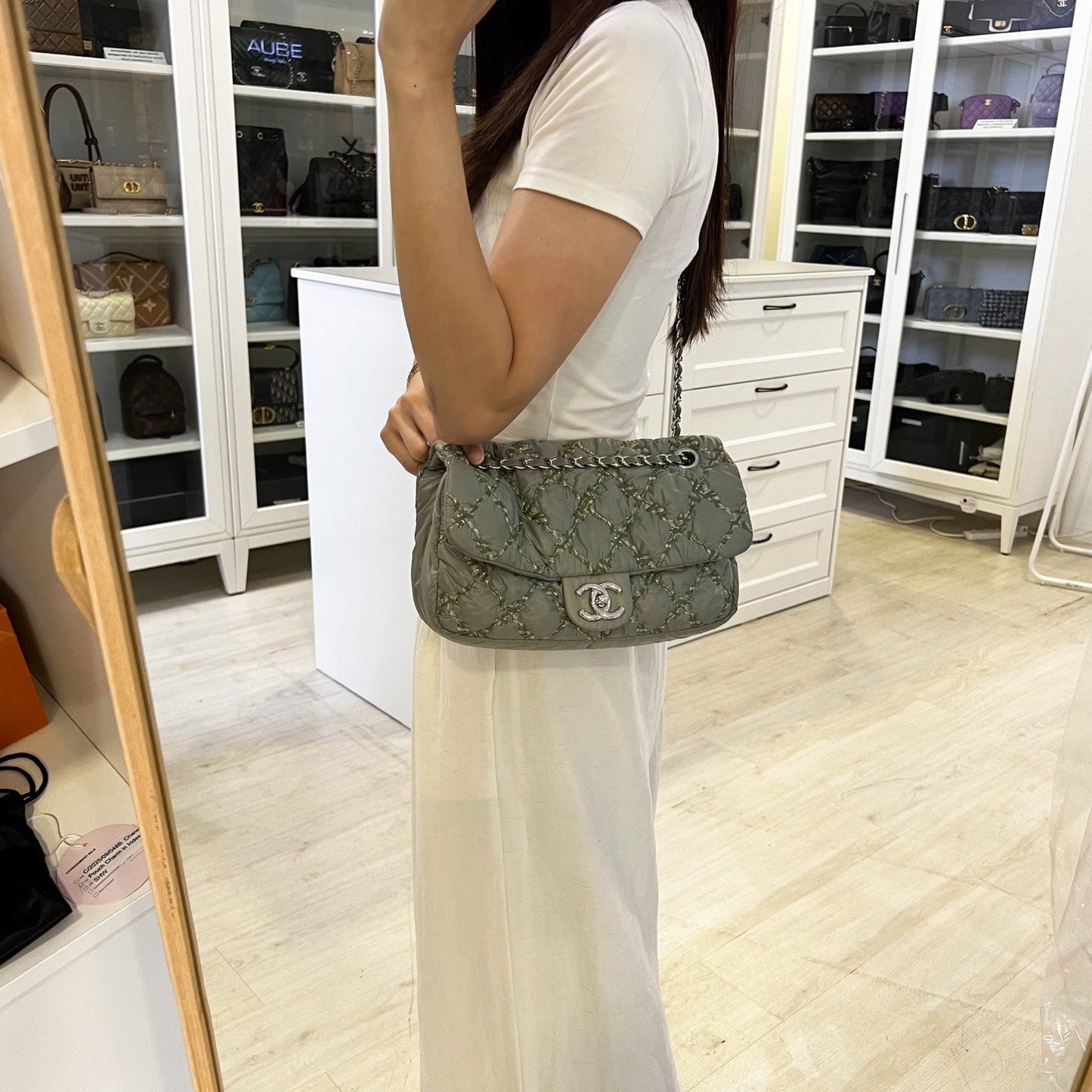 Chanel Tweed On Stitch Bubble Accordion Flap in Greenish Grey Nylon and SHW Accessory