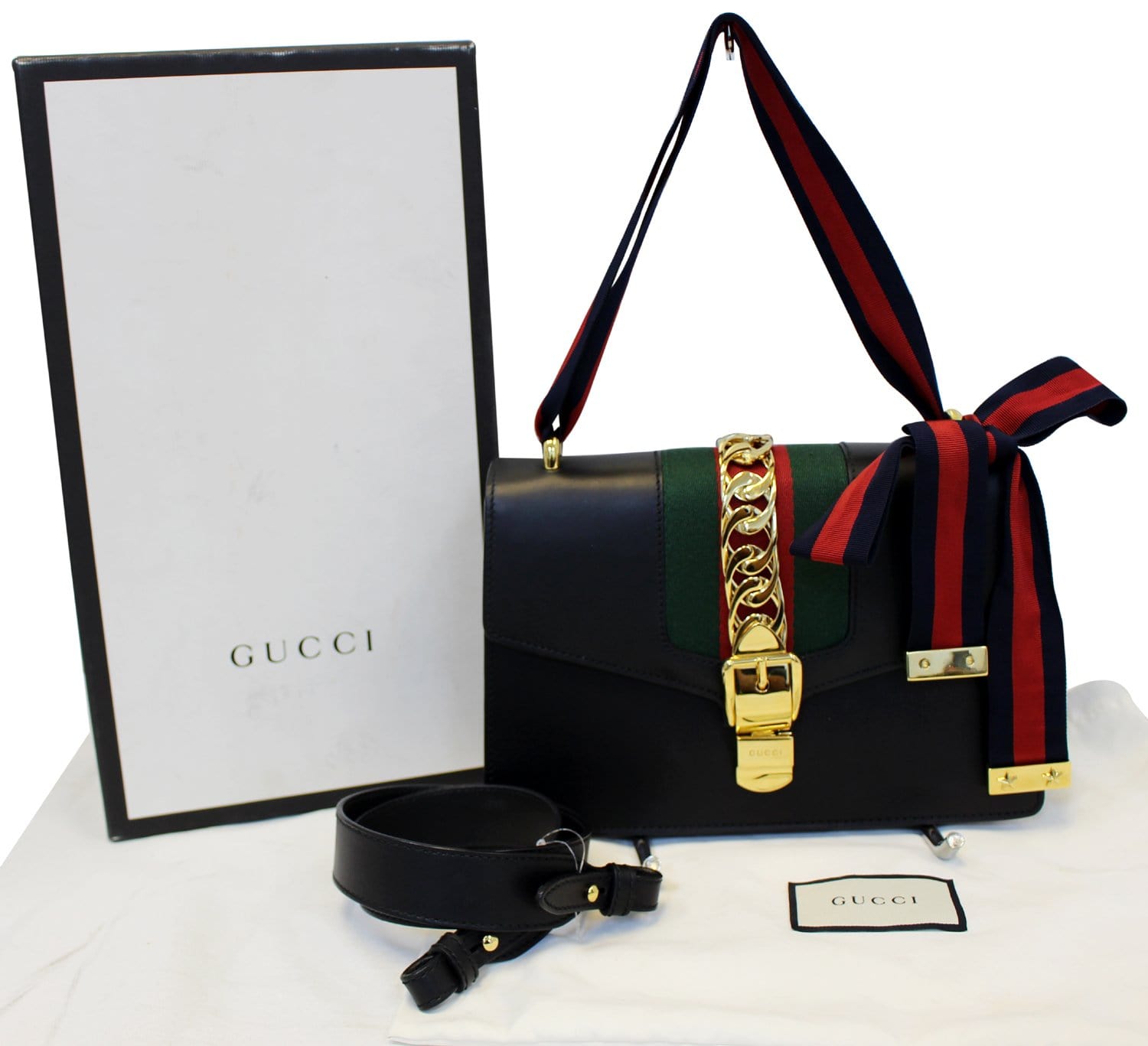 Gucci Calfskin Sylvie Shoulder Bag Leather Black