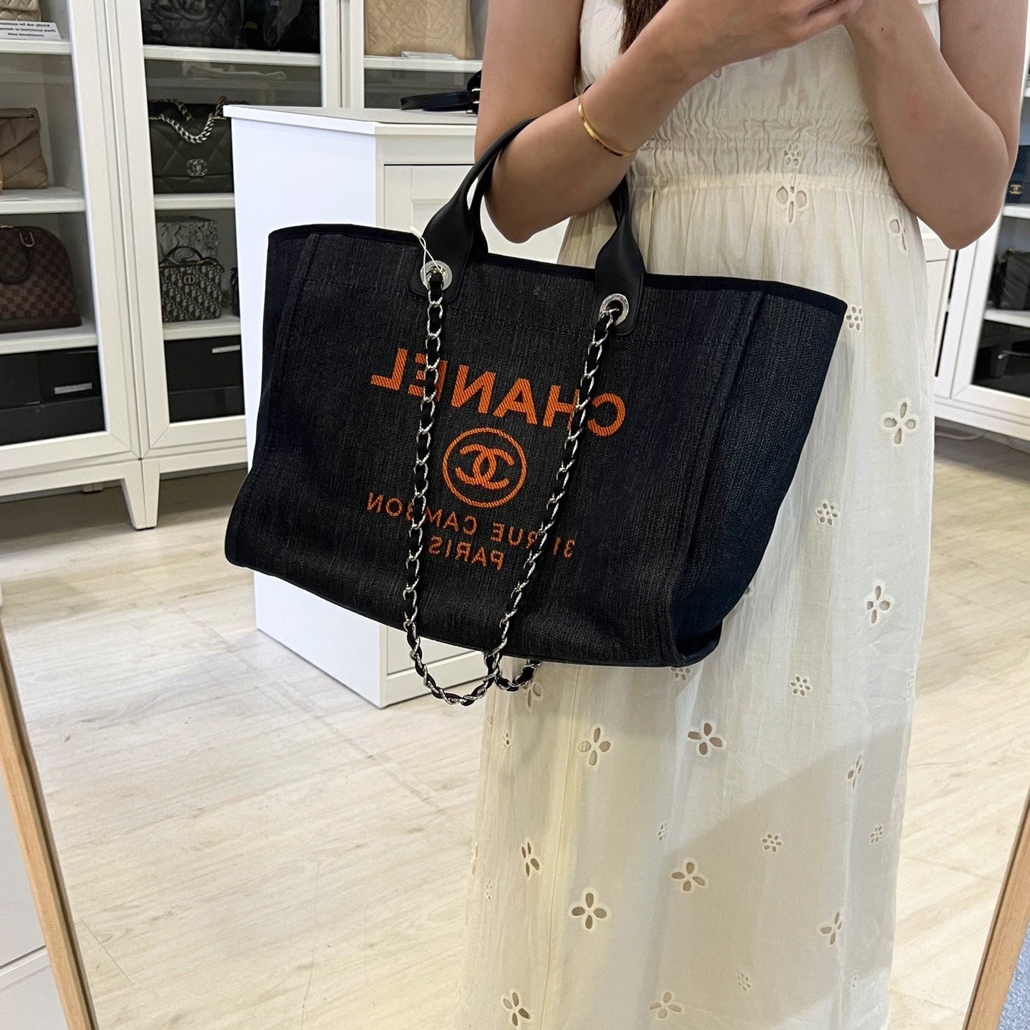 Chanel Medium / Large Deauville Tote in Denim Fabric, Navy Leather Trim and SHW (Model: )