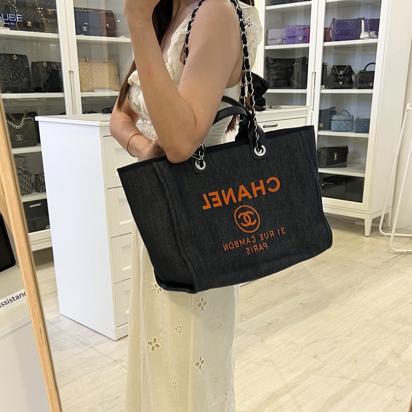 Chanel Medium / Large Deauville Tote in Denim Fabric, Navy Leather Trim and SHW (Model: )