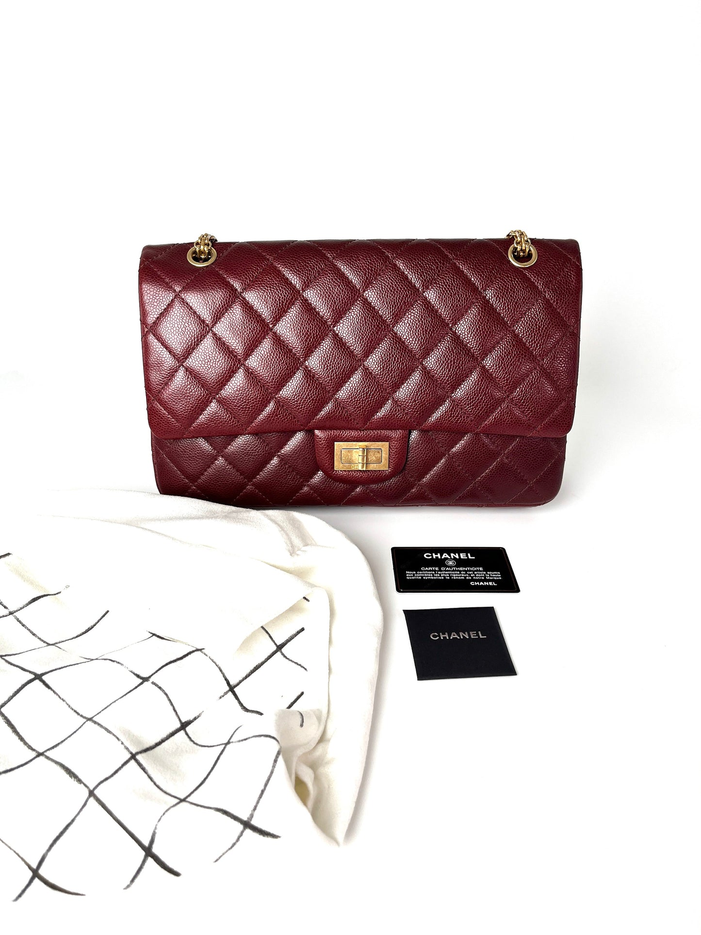 Chanel 2.55 Burgundy Caviar 227 Classic Flap Gold Hardware Shoulder Crossbody Bag