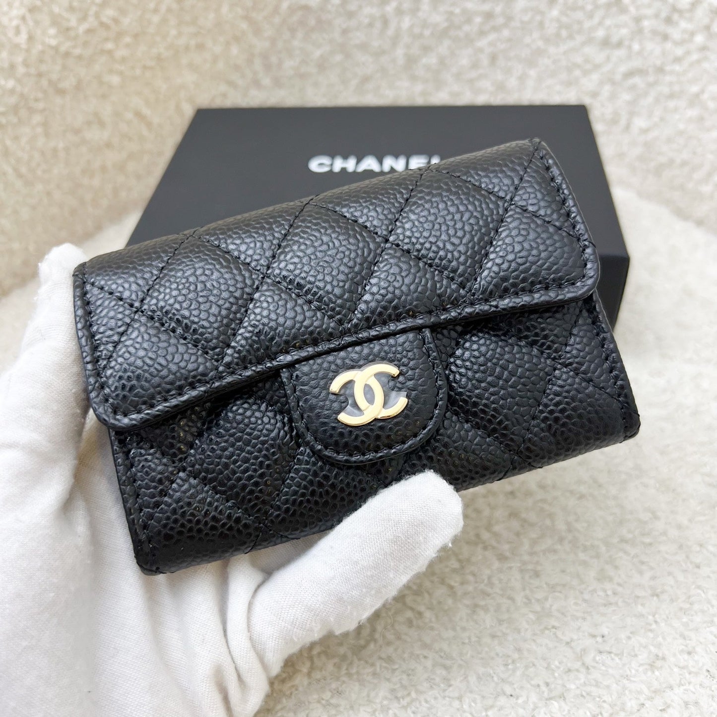 Chanel [Brand new] Classic Snap Card Holder in Black Caviar and GHW (Model: )