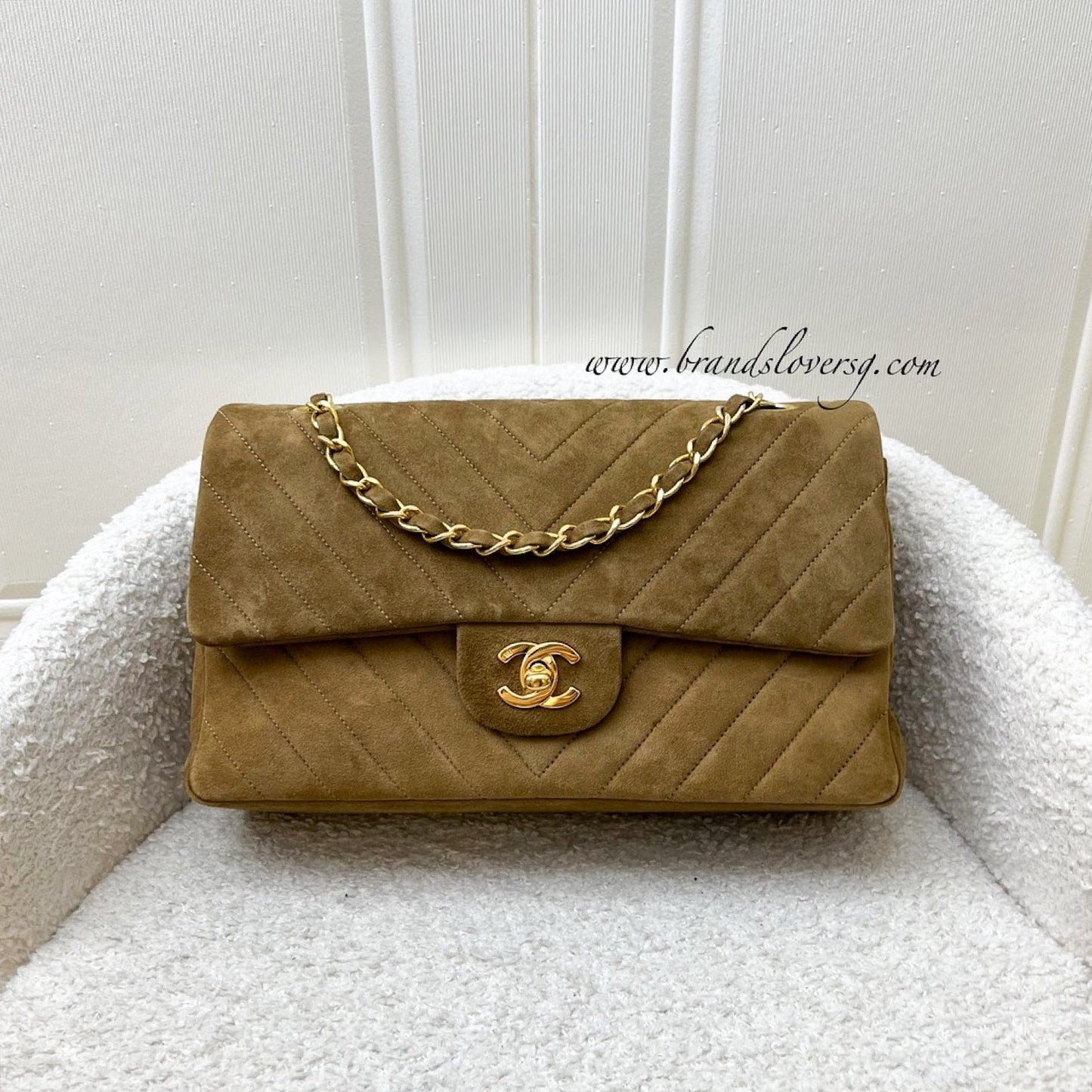 Chanel Medium Classic Flap CF in Brown Suede and Gold Plated HW Accessory