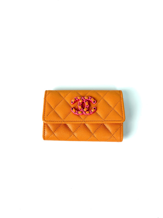 Chanel 19 Flap Caviar Leather Orange Pink 2024 Compact Card Holder Case