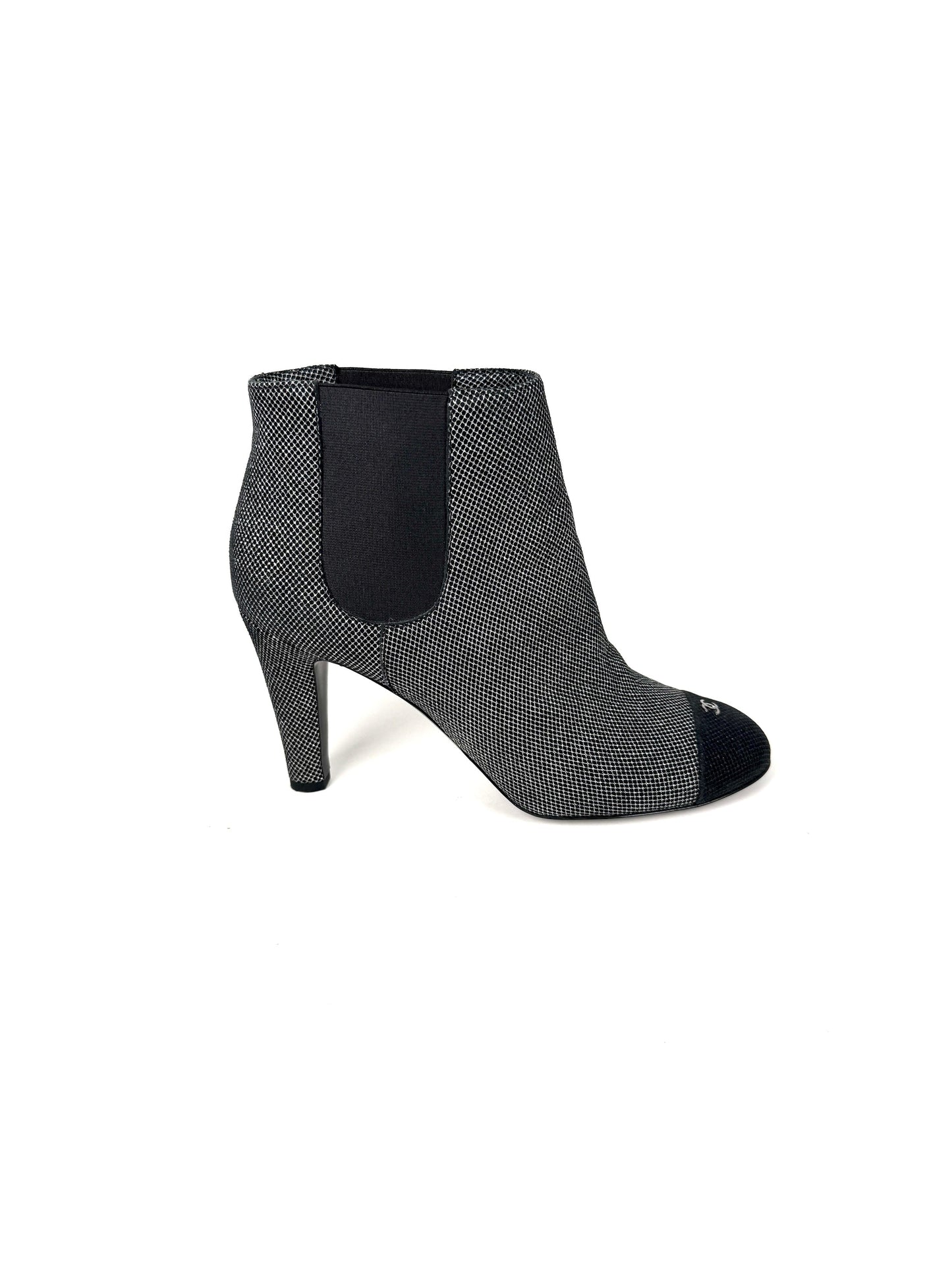 Chanel Black Silver Tweed CC Logo Ankle Booties Boots 40 9.5