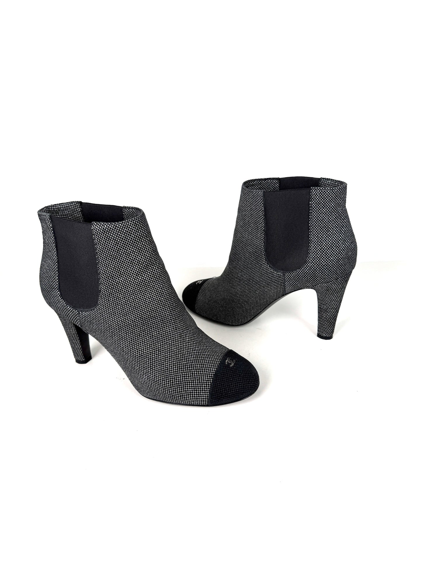 Chanel Black Silver Tweed CC Logo Ankle Booties Boots 40 9.5