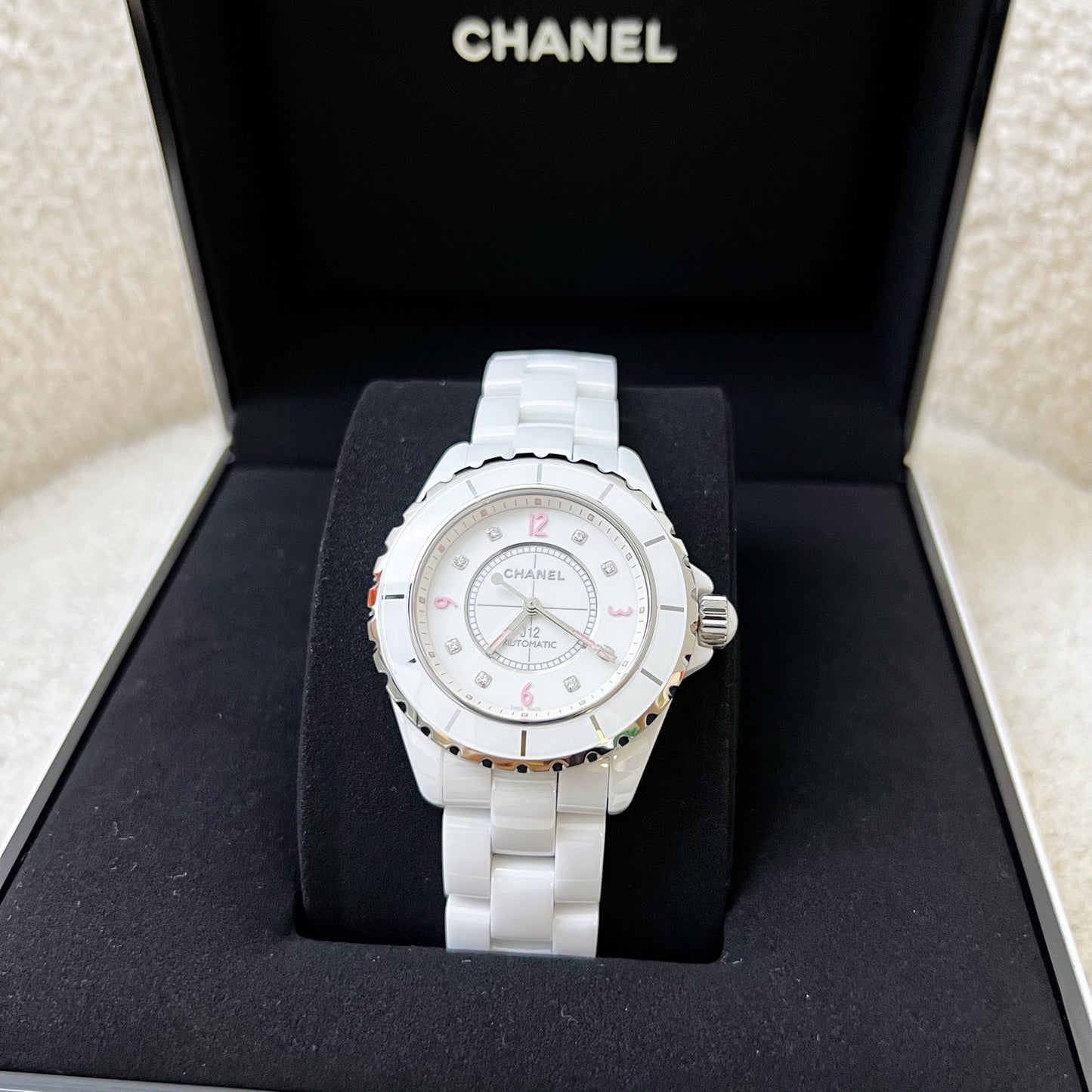 Chanel [Serviced for $1380 in Feb 2026] Limited Edition "Pink Light" J12 Watch Automatic Movement with 8 Diamonds in White Ceramic Bracelet and Steel (Model: )