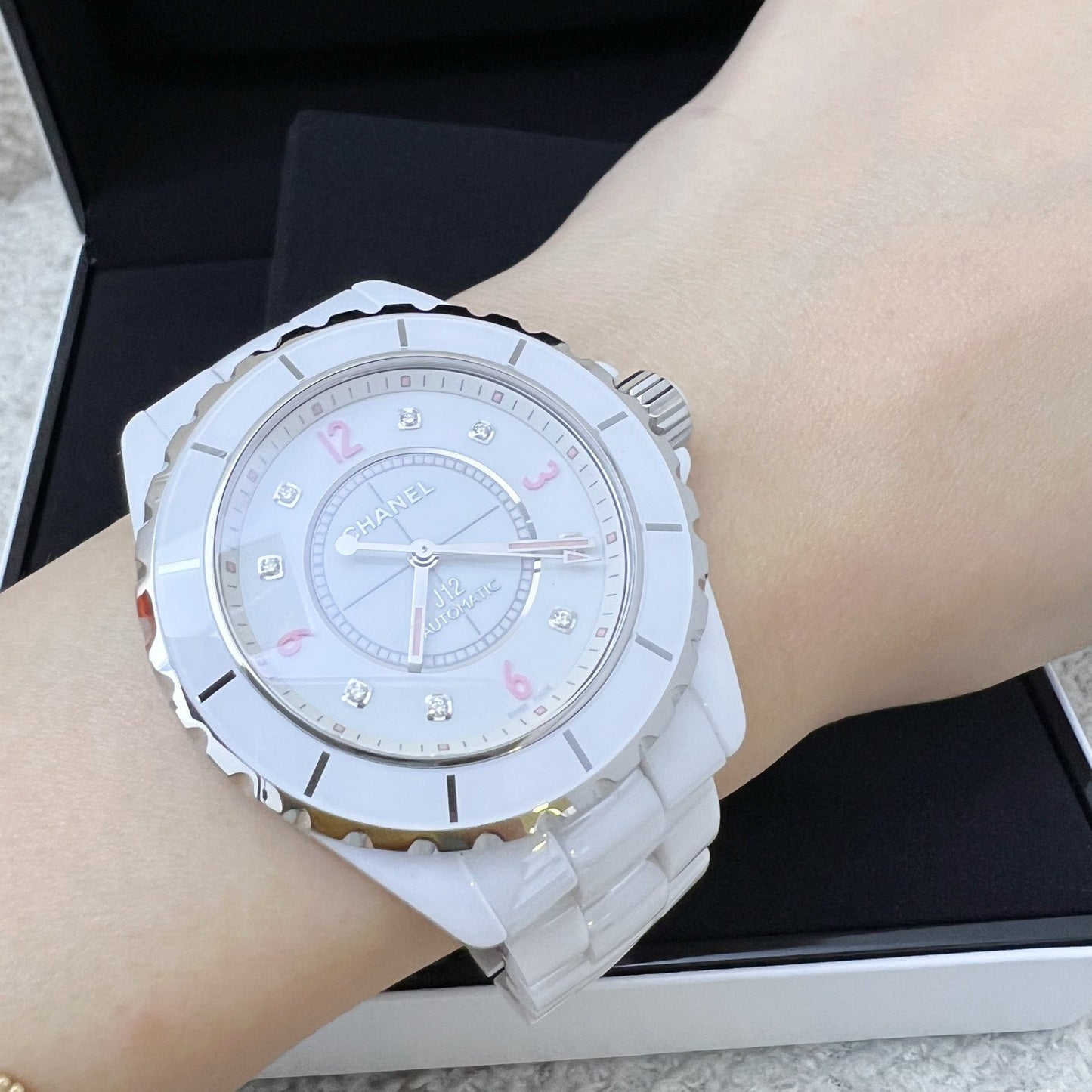 Chanel [Serviced for $1380 in Feb 2026] Limited Edition "Pink Light" J12 Watch Automatic Movement with 8 Diamonds in White Ceramic Bracelet and Steel (Model: )