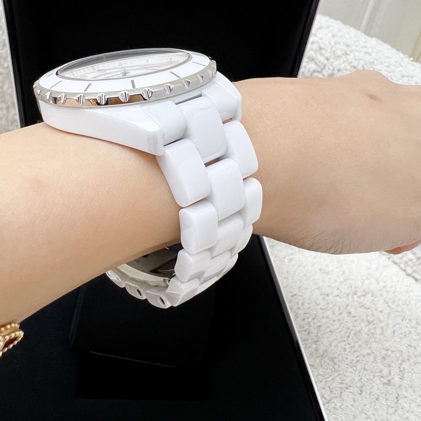 Chanel [Serviced for $1380 in Feb 2026] Limited Edition "Pink Light" J12 Watch Automatic Movement with 8 Diamonds in White Ceramic Bracelet and Steel (Model: )