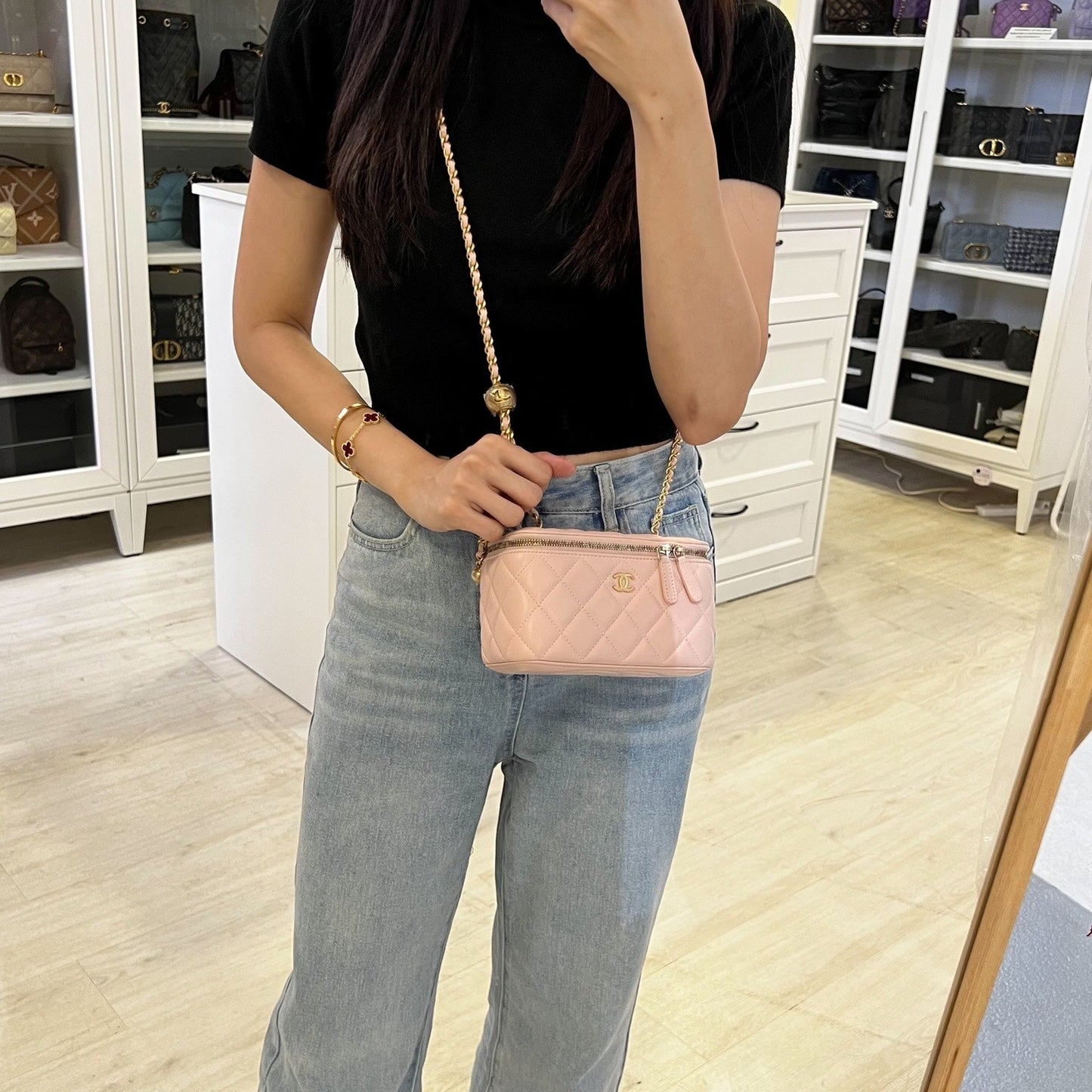Pearl Crush Adjustable Chain Vanity in Pink Lambskin and AGHW Signature