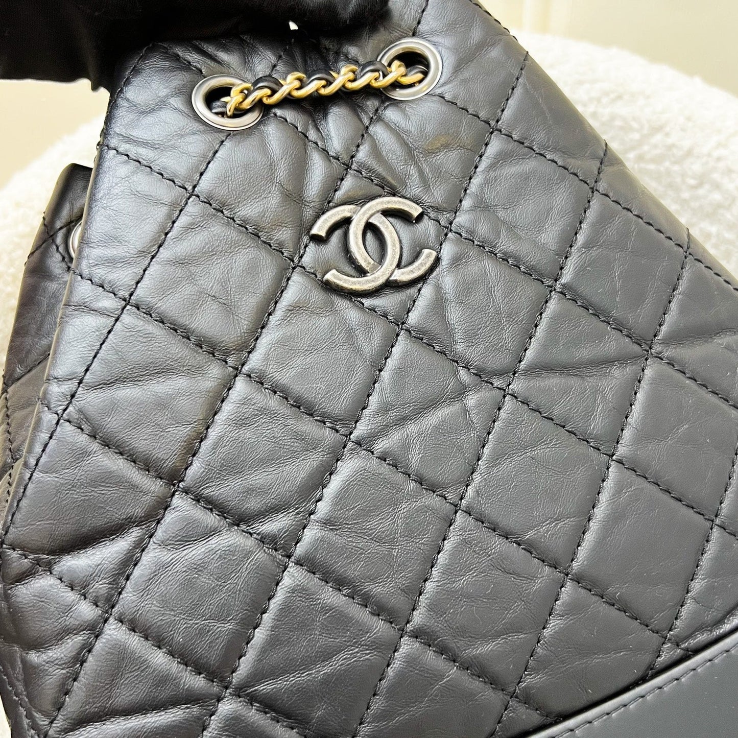 Small Gabrielle Backpack in Black Distressed Calfskin and 3-Tone HW Base
