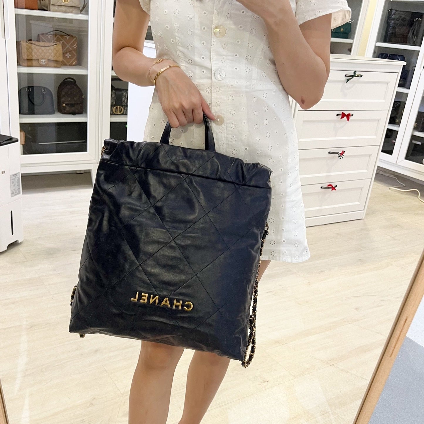 Chanel 22 Large Backpack in Navy Blue Shiny Calfskin and AGHW