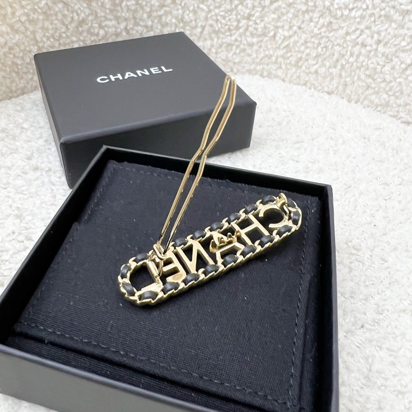 Chanel Chain Around Hairpin / Hairclip with Black Leather in LGHW Accessory