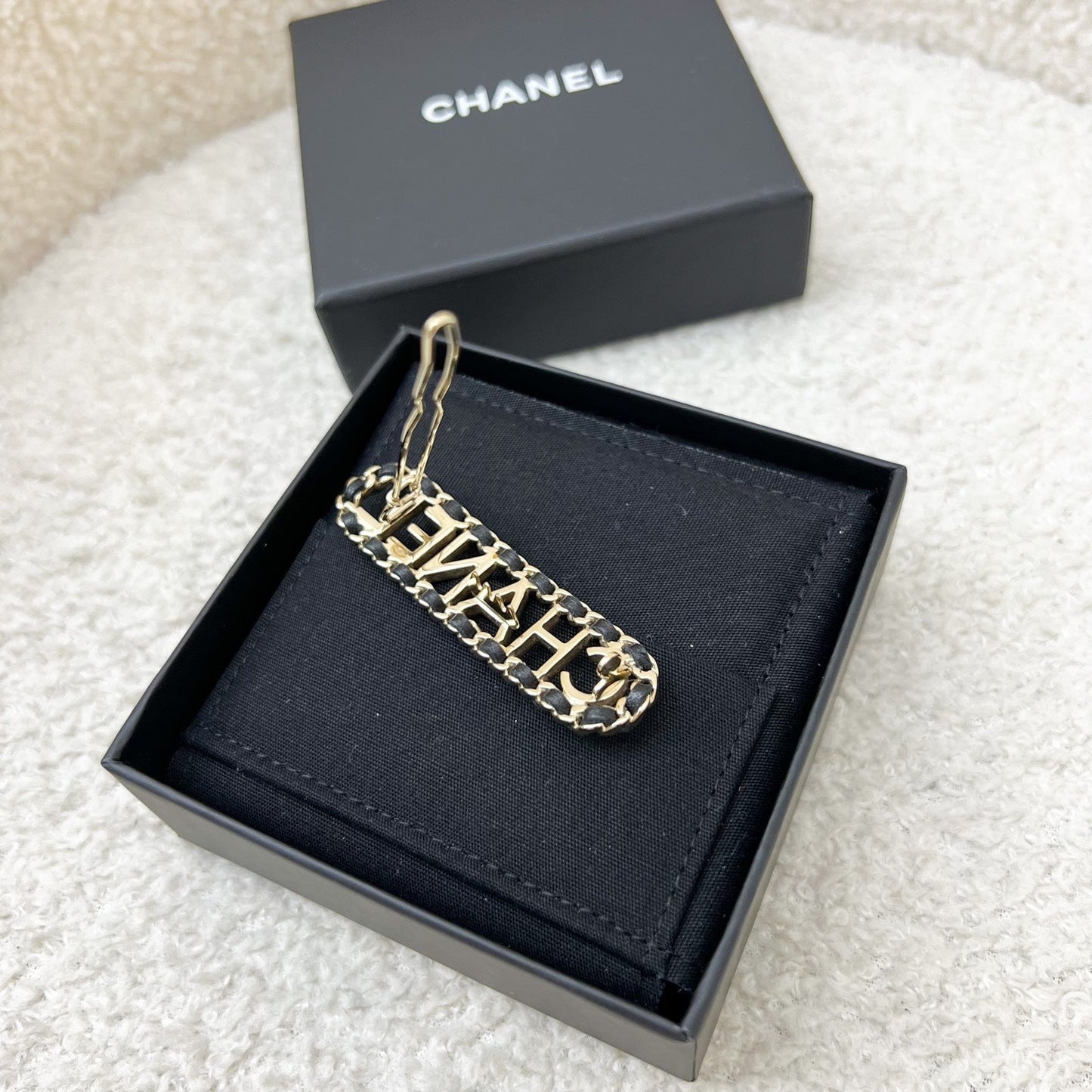 Chanel Chain Around Hairpin / Hairclip with Black Leather in LGHW Accessory