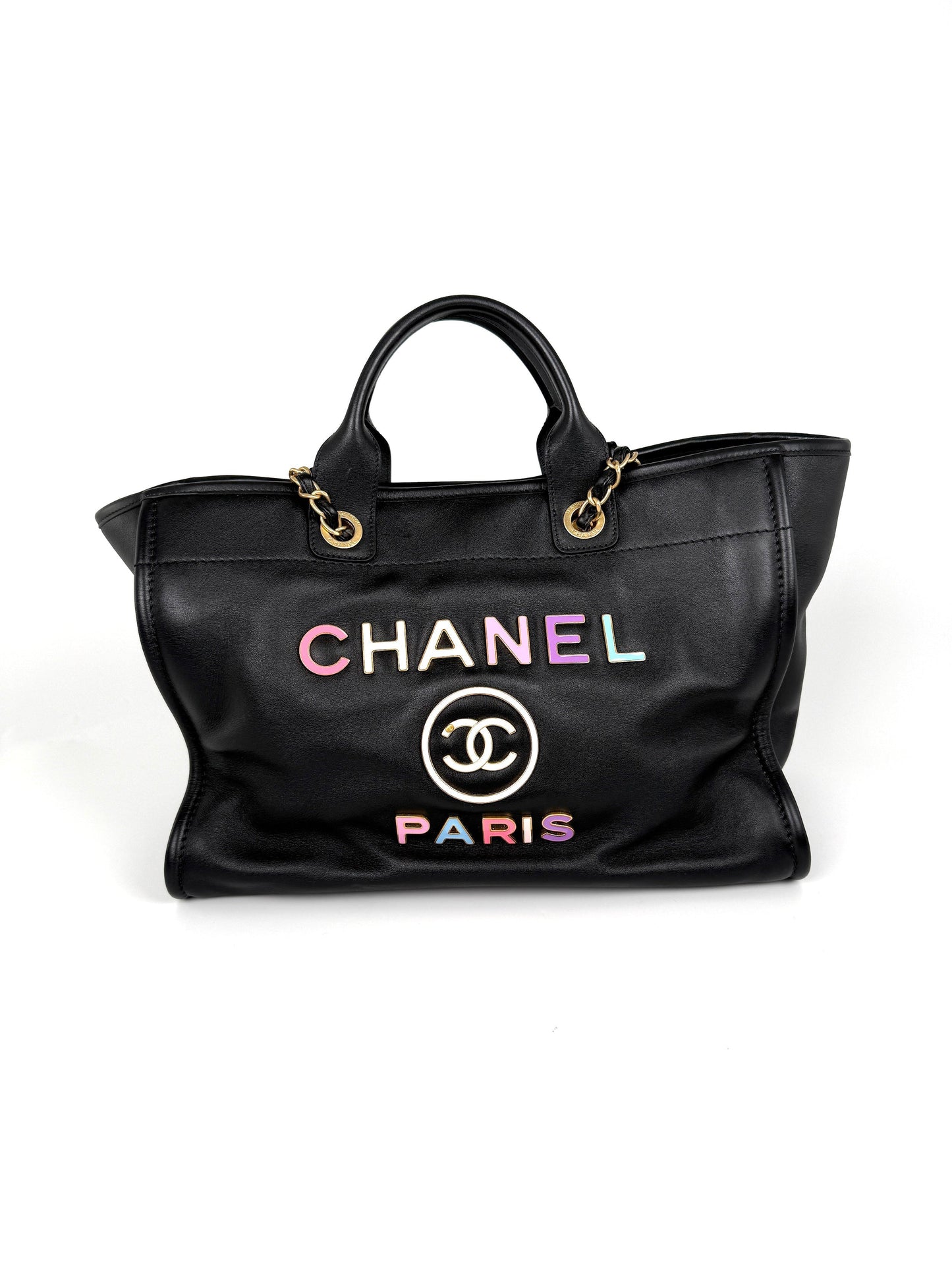 Chanel Deauville Medium Calfskin Black Multicolor Tote Bag with Pouch