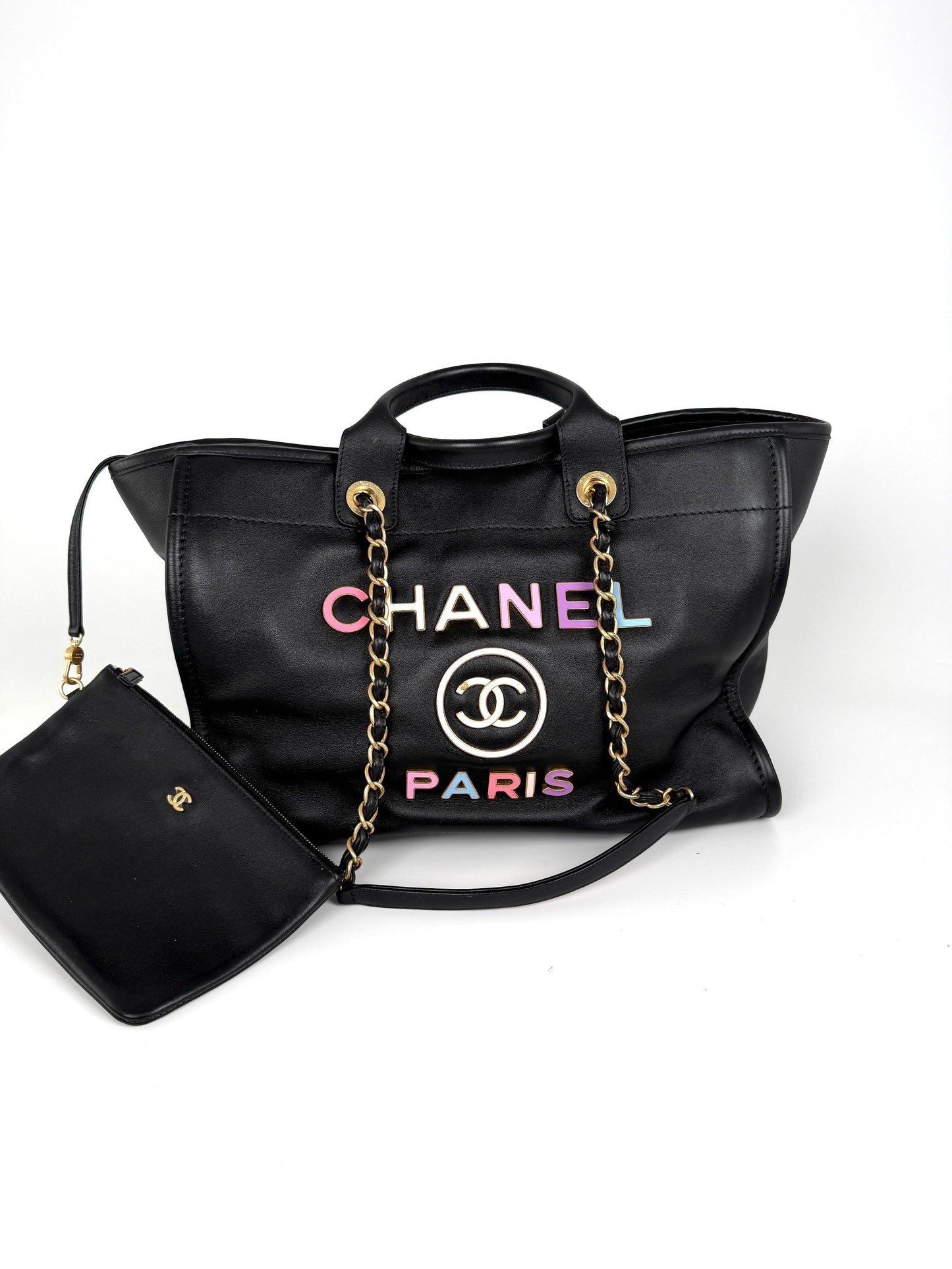 Chanel Deauville Medium Calfskin Black Multicolor Tote Bag with Pouch
