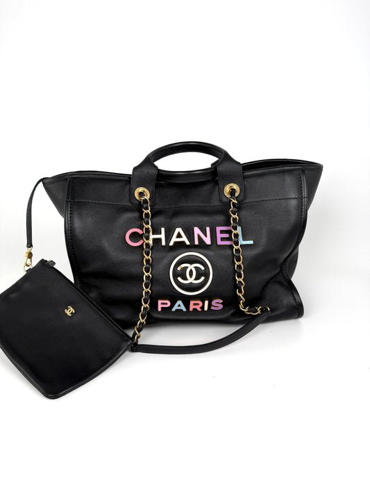 Chanel Deauville Medium Calfskin Black Multicolor Tote Bag with Pouch