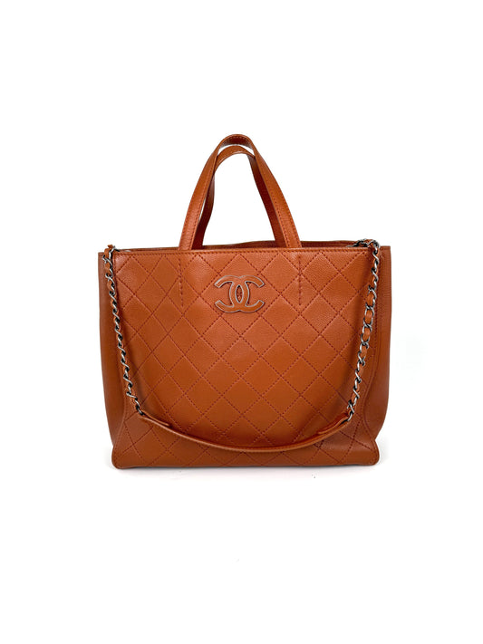 Chanel Covered CC Quilted Caviar Brown Shopping Tote Bag