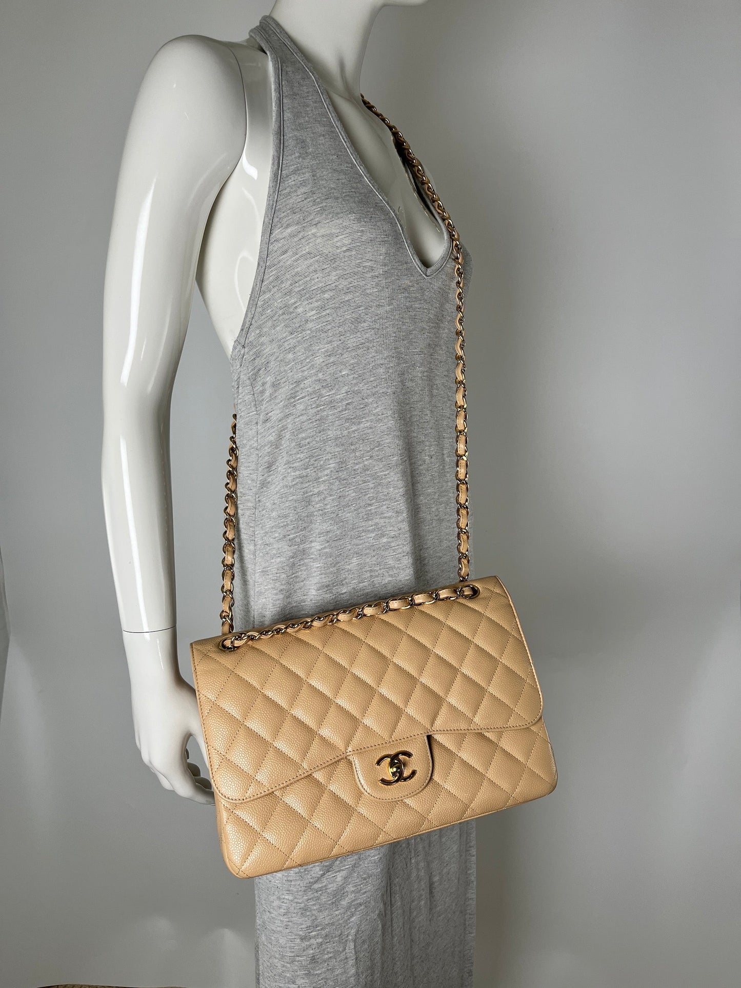 Chanel Jumbo Classic Double Quilted Caviar Beige Leather Flap Bag