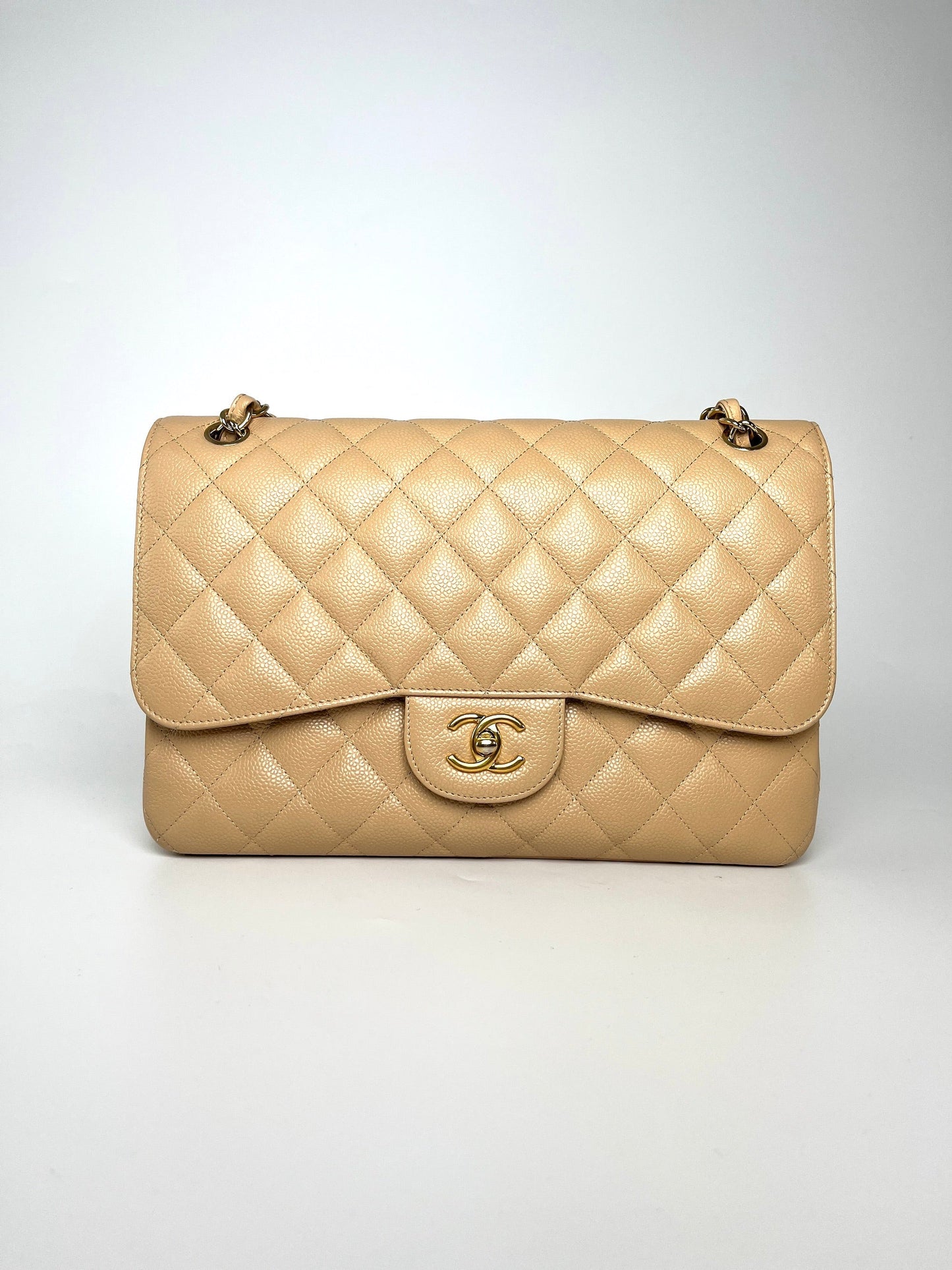 Chanel Jumbo Classic Double Quilted Caviar Beige Leather Flap Bag