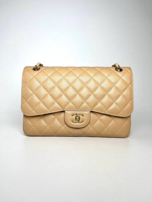 Chanel Jumbo Classic Double Quilted Caviar Beige Leather Flap Bag