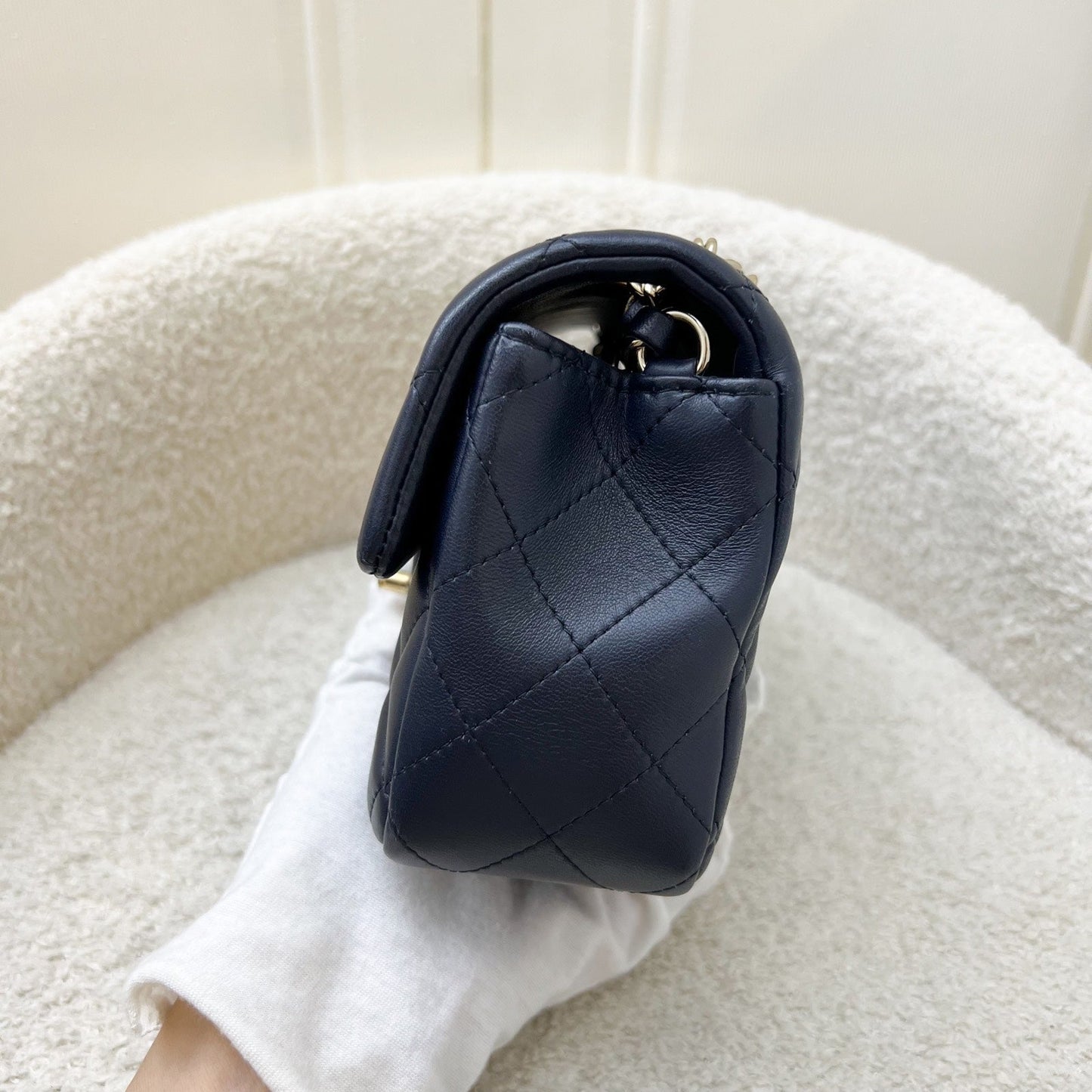 Chanel Classic Mini Rectangular Flap in Navy Lambskin and LGHW Accessory