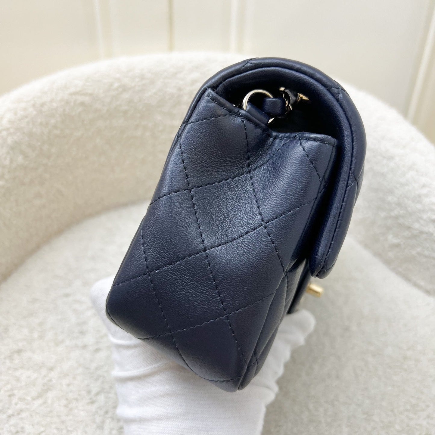 Chanel Classic Mini Rectangular Flap in Navy Lambskin and LGHW Accessory