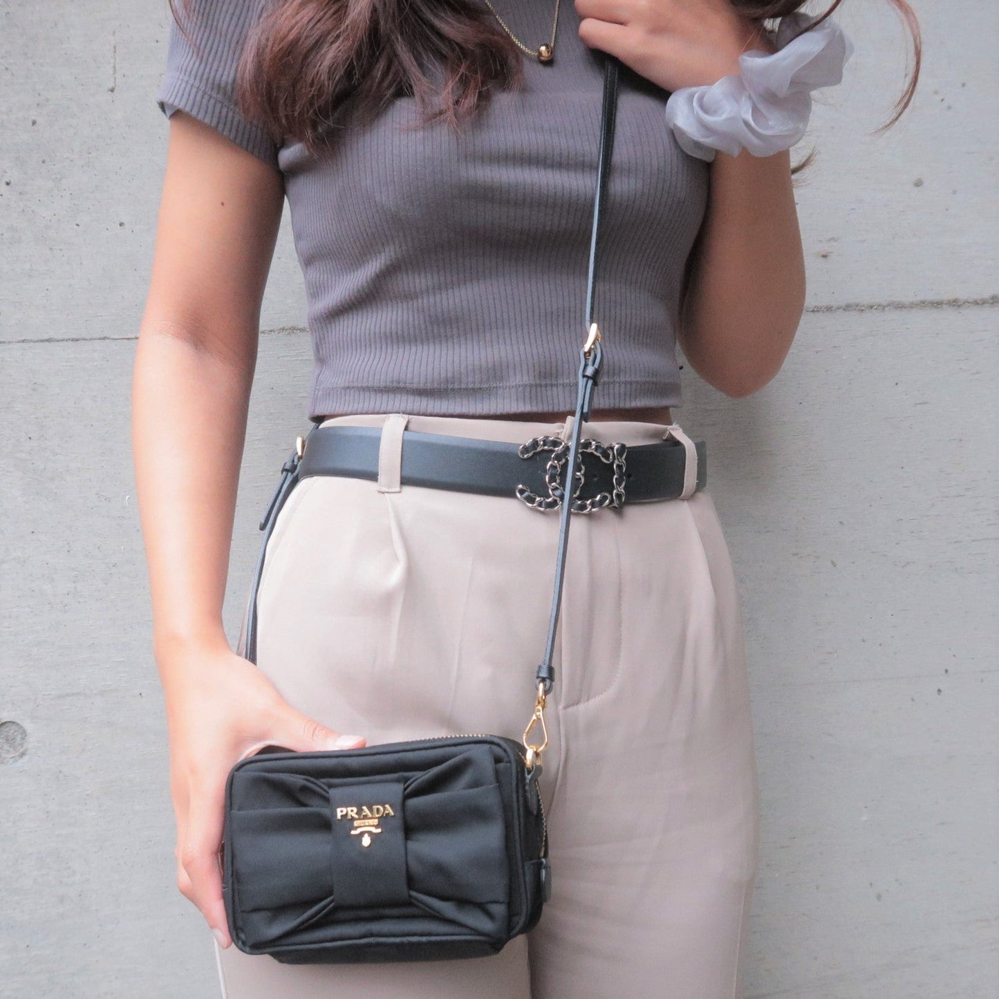 Prada Prada Logo Nylon Leather Ribbon Shoulder Bag Black