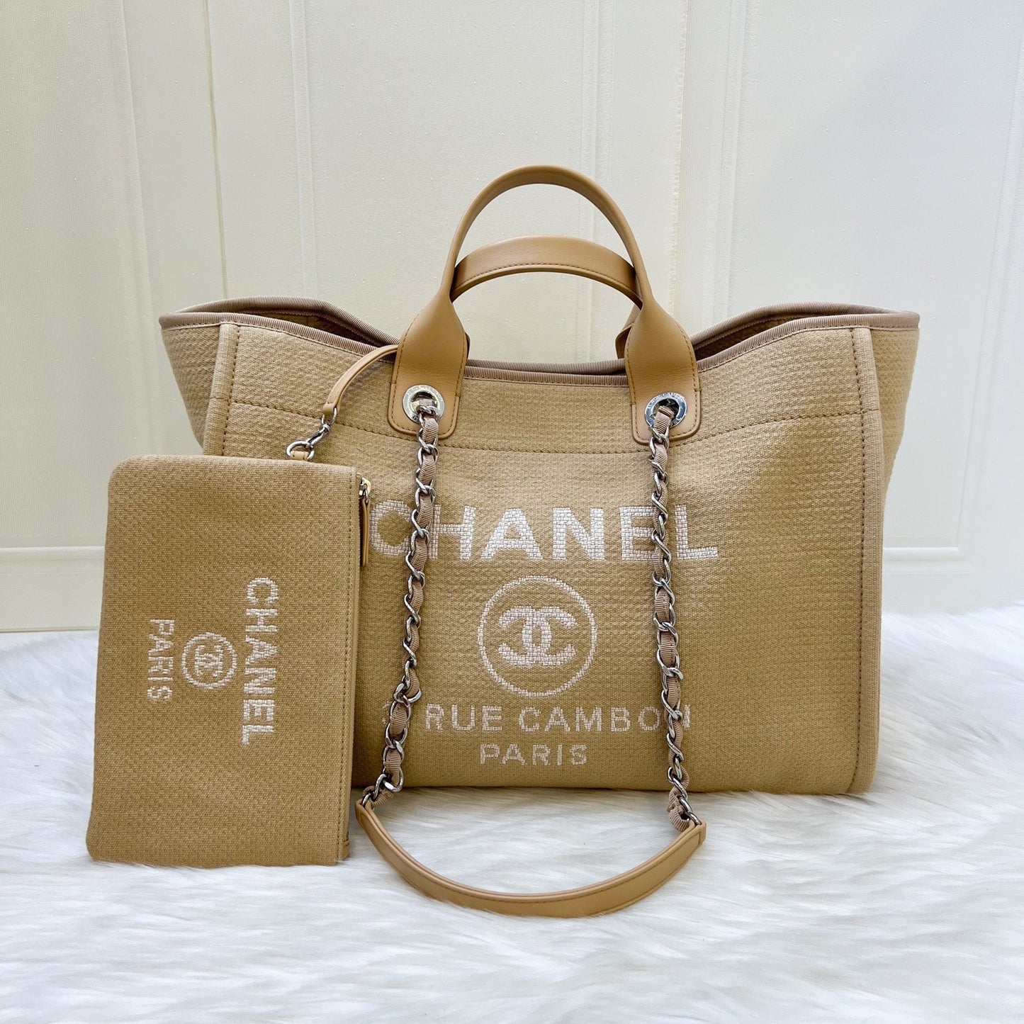 Chanel Large Deauville Tote in Beige Fabric SHW