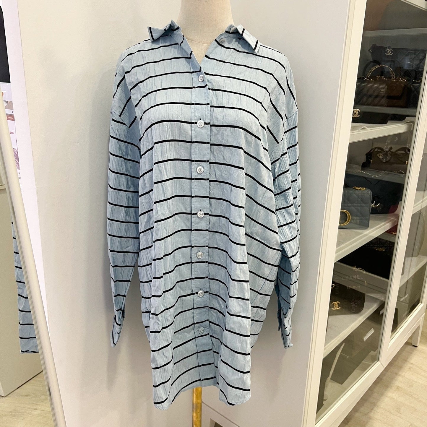 Chanel Long Sleeved Shirt in Blue with Black Stripes 100% Silk (Model: )