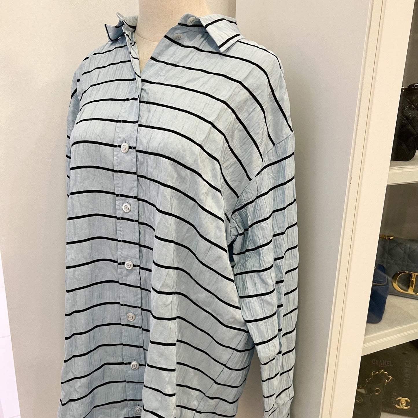 Chanel Long Sleeved Shirt in Blue with Black Stripes 100% Silk (Model: )