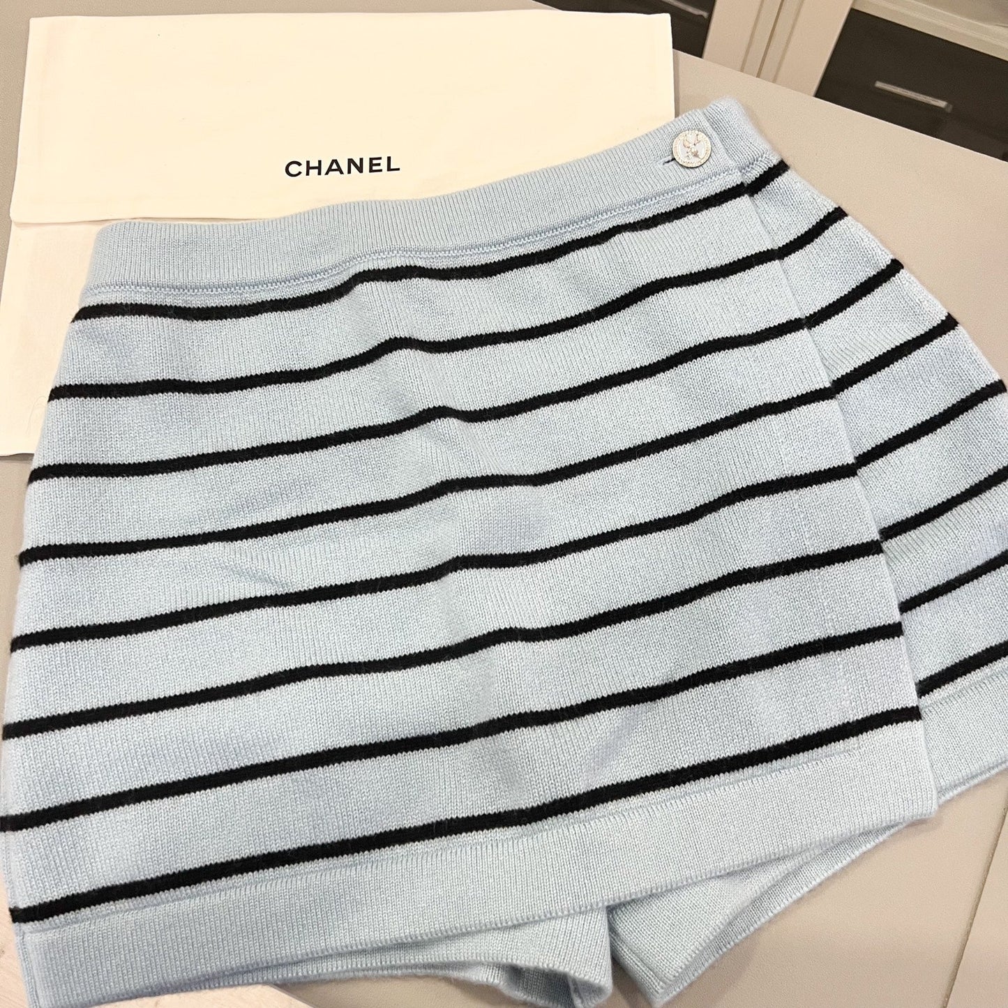 Chanel Baby Blue Knitted Striped Skorts in 100% Cashmere (Model: ) Accessory