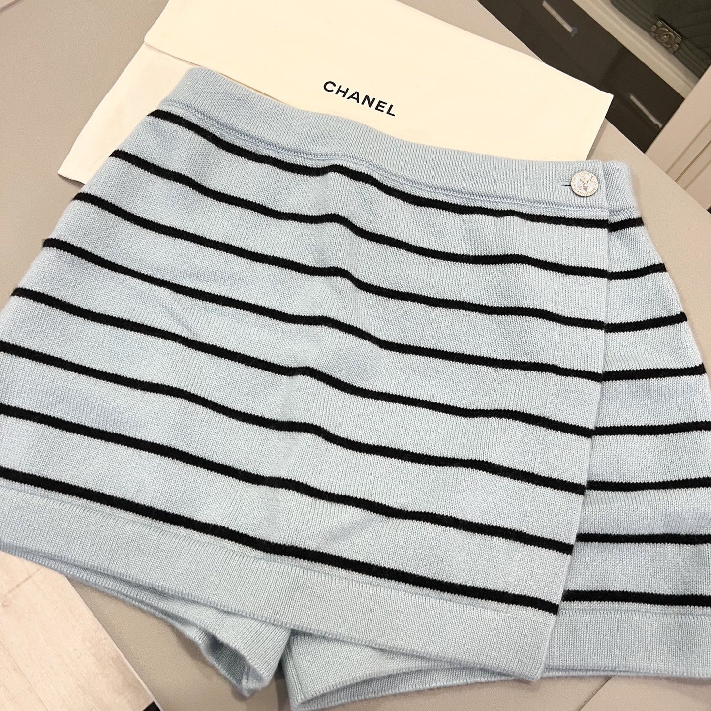 Chanel Baby Blue Knitted Striped Skorts in 100% Cashmere (Model: ) Accessory