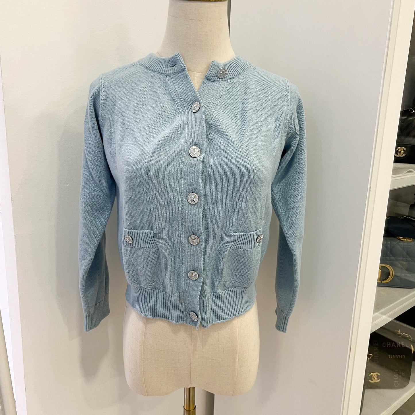 Chanel Knitted Cardigan in Baby Blue 100% Cashmere (Model: ) Apparel