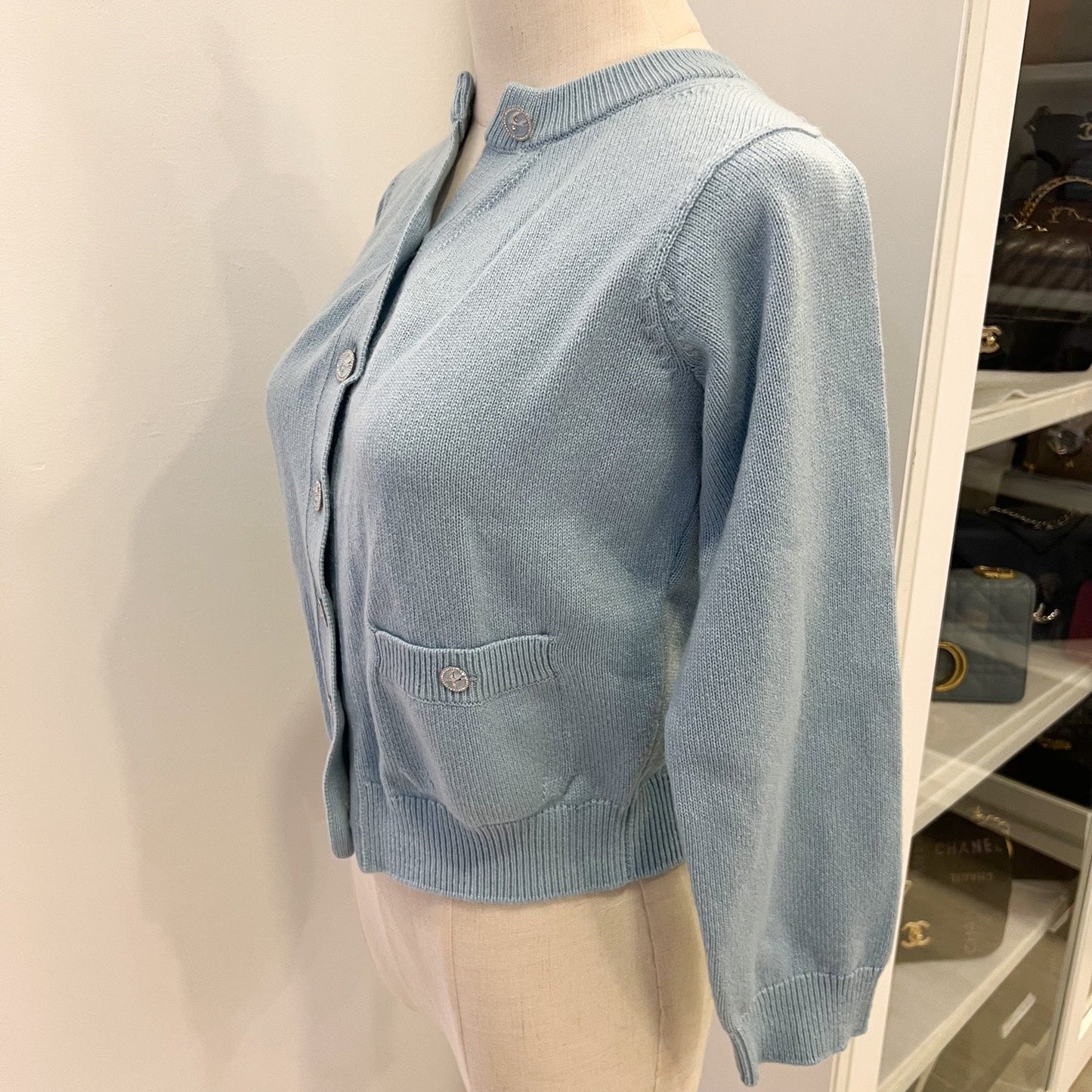 Chanel Knitted Cardigan in Baby Blue 100% Cashmere (Model: ) Apparel